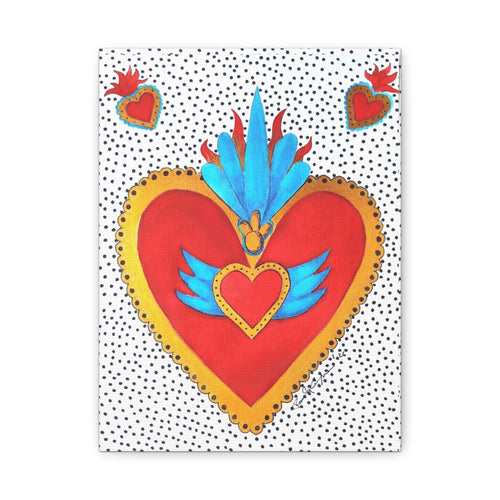 "Tin Heart" Folk Art Sacred Heart Canvas Print — Vibrant Red & Gold Heart Wall Art