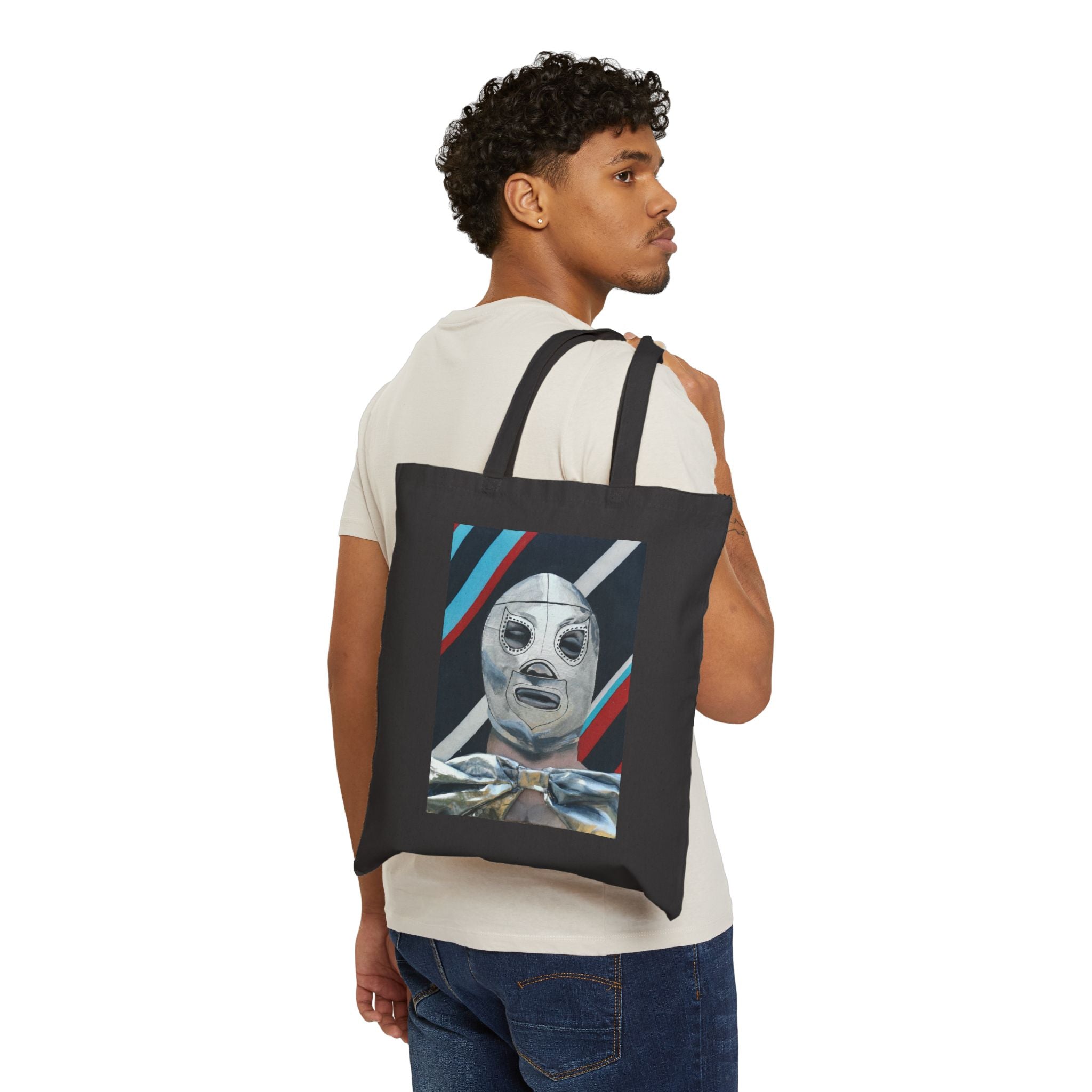 Luchador Mask Canvas Tote — Retro Mexican Wrestling Art Bag