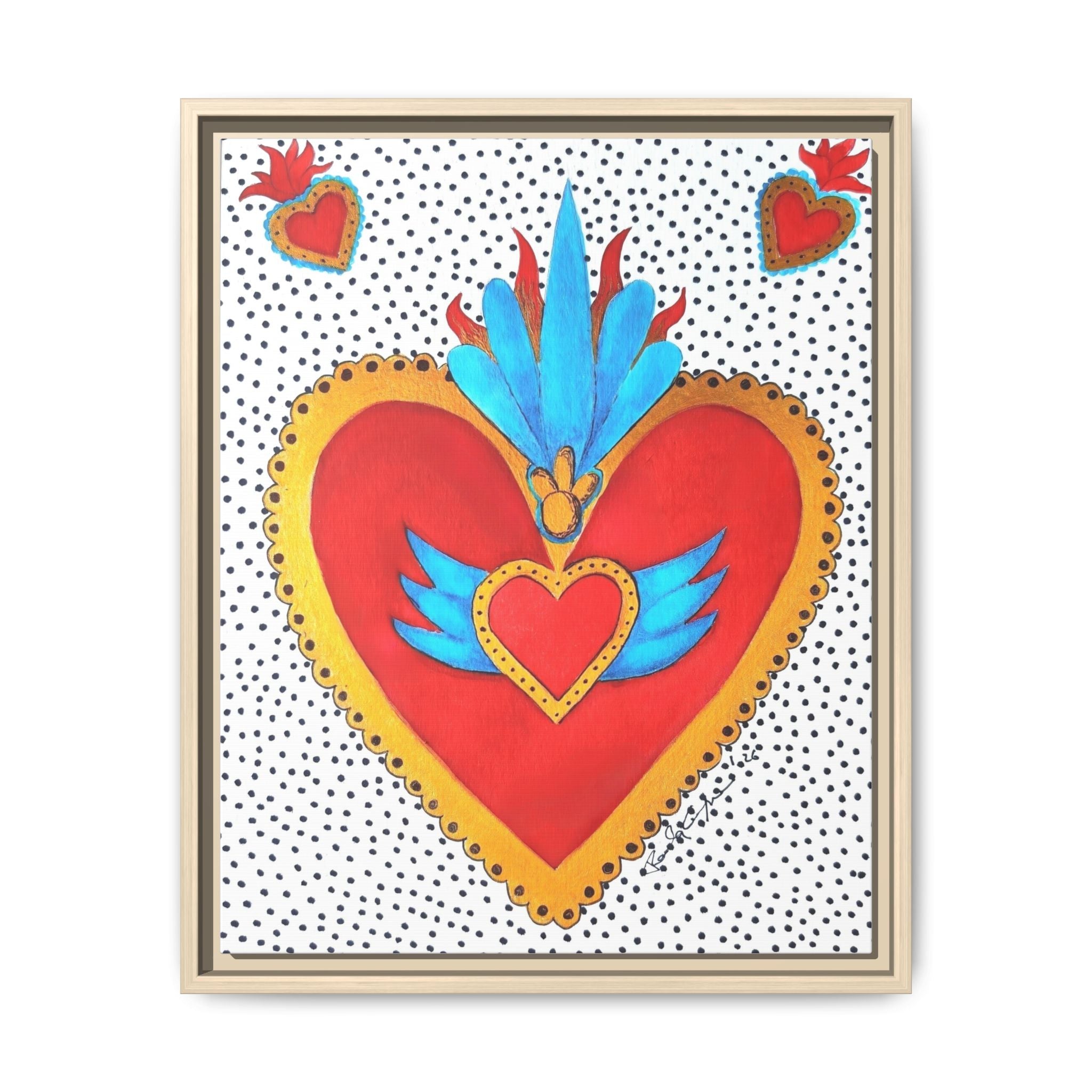"Tin Heart" Framed Sacred Heart Canvas Art — Colorful Folk Heart Wall Decor