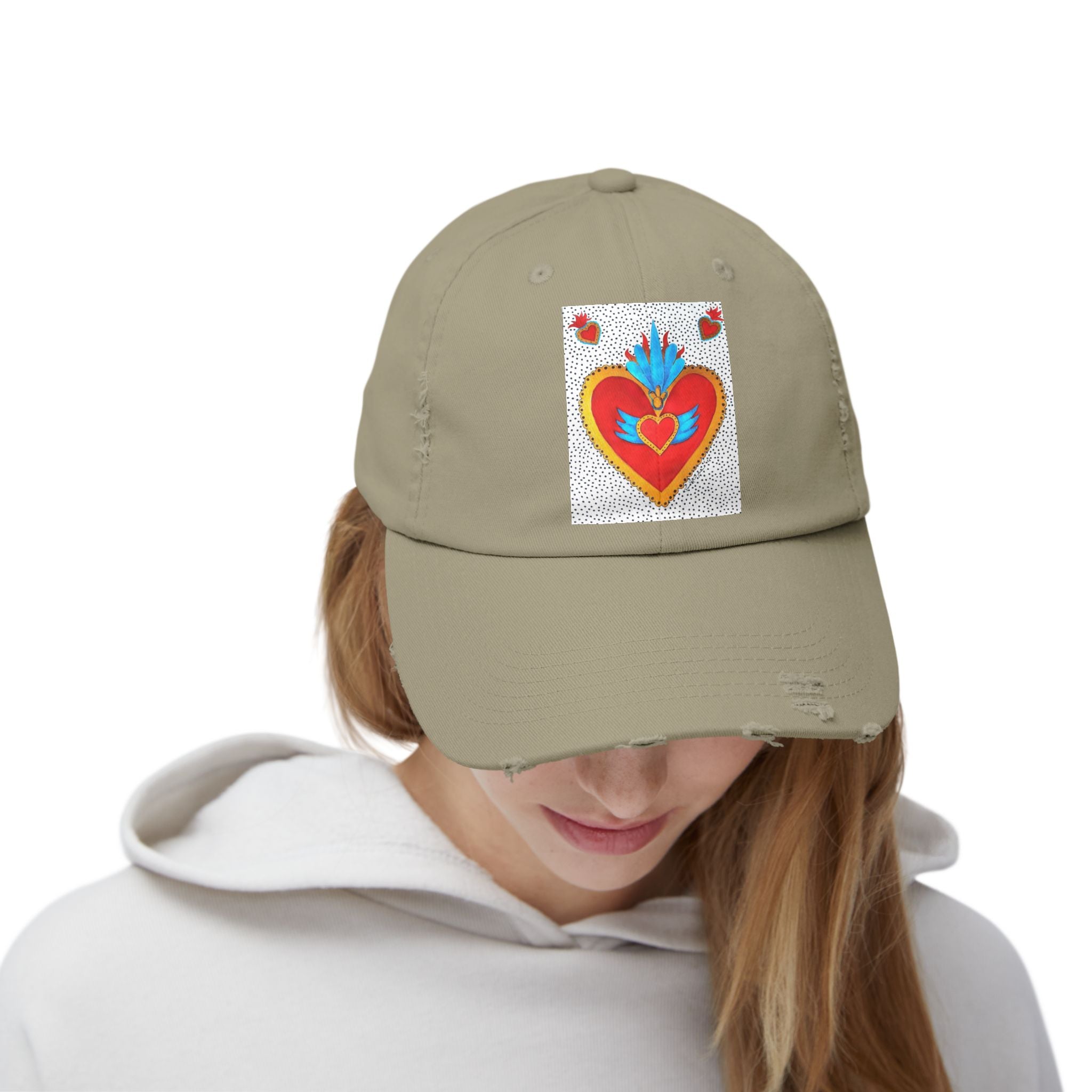 Distressed Cap — Sacred Flaming Heart Patch Baseball Hat