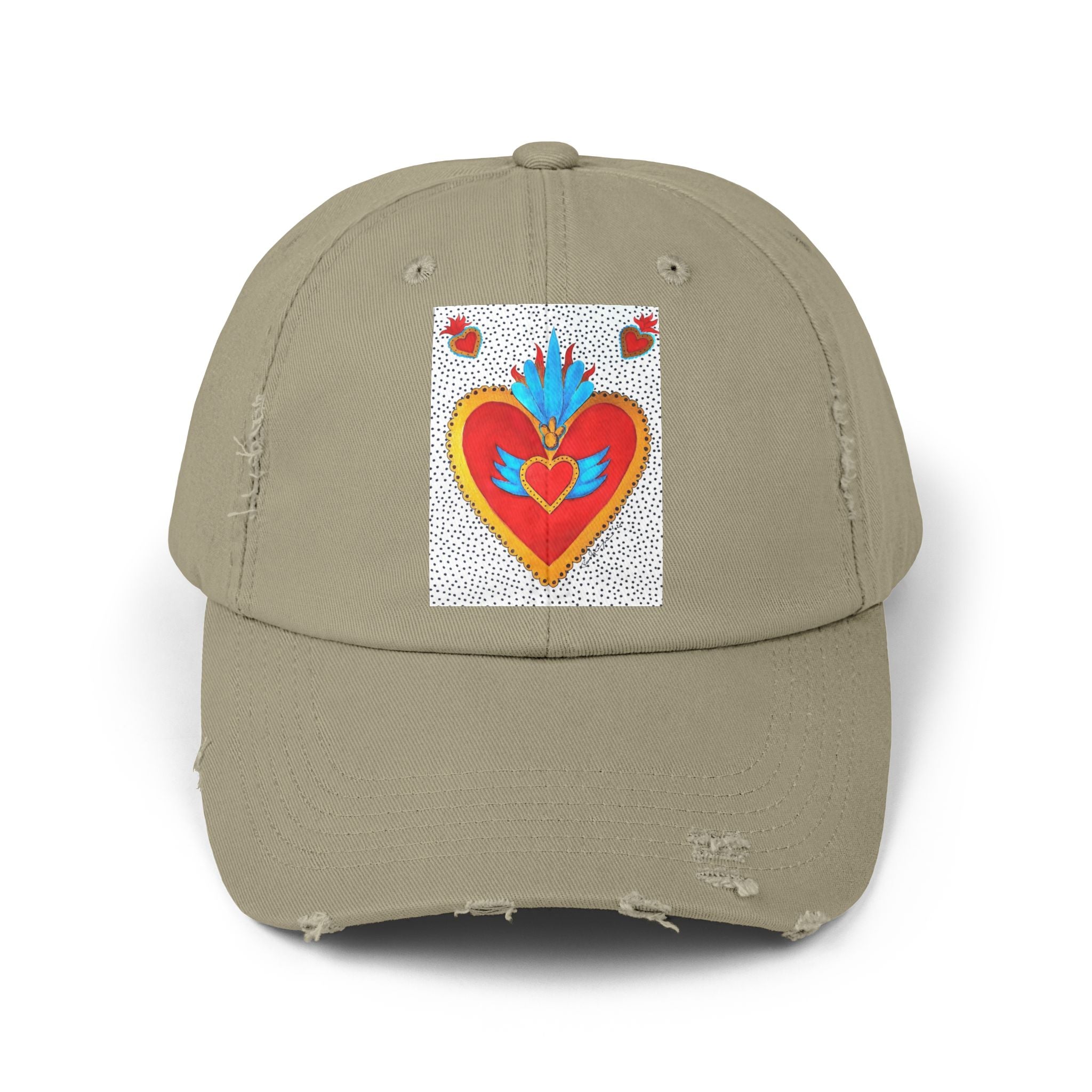 Distressed Cap — Sacred Flaming Heart Patch Baseball Hat