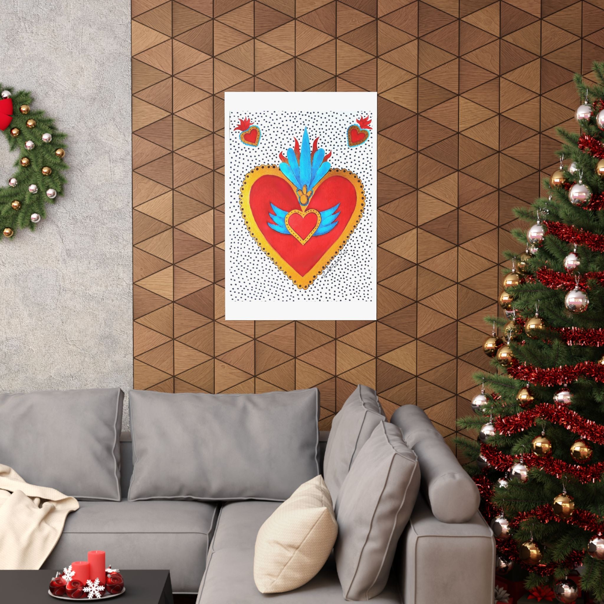 "Tin Heart" Sacred Heart Art Poster — Colorful Folk Heart Matte Vertical Print