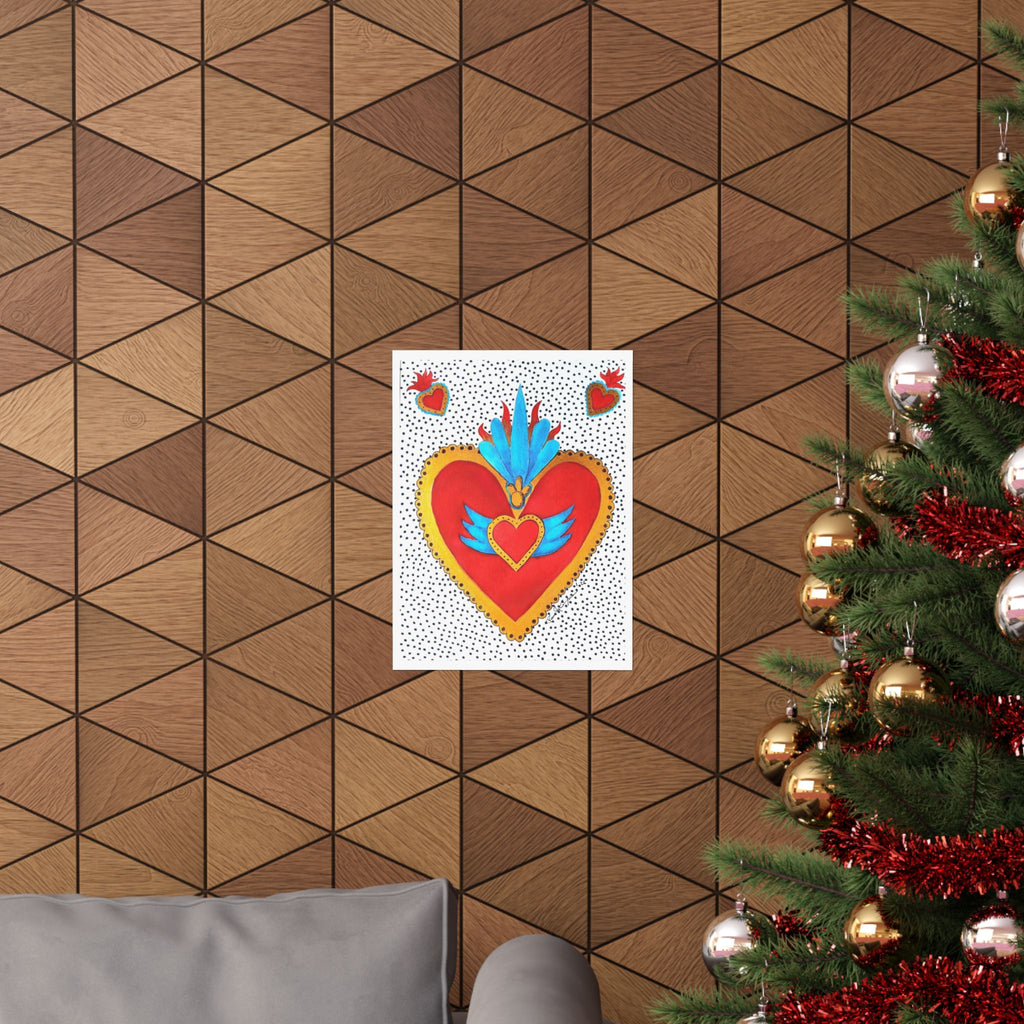 "Tin Heart" Sacred Heart Art Poster — Colorful Folk Heart Matte Vertical Print