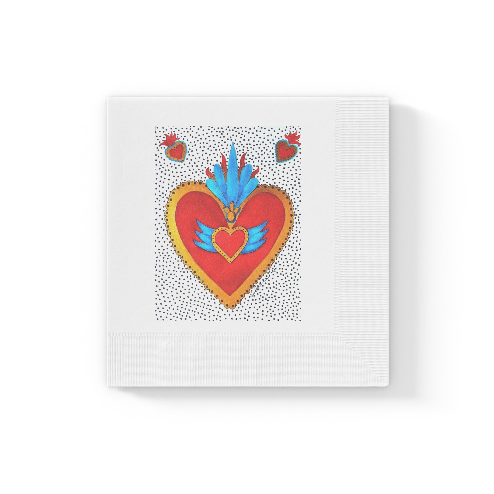 Embroidered Sacred Heart Paper Napkins — Colorful Folk Art Cocktail Napkins