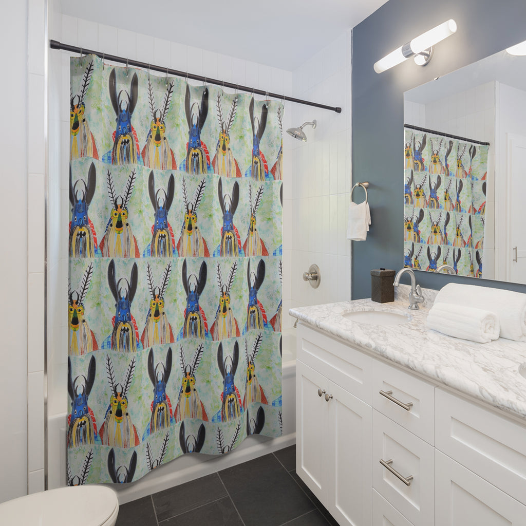 Boho Tribal Mask Pattern Shower Curtain — Colorful Folk Art Bathroom Decor