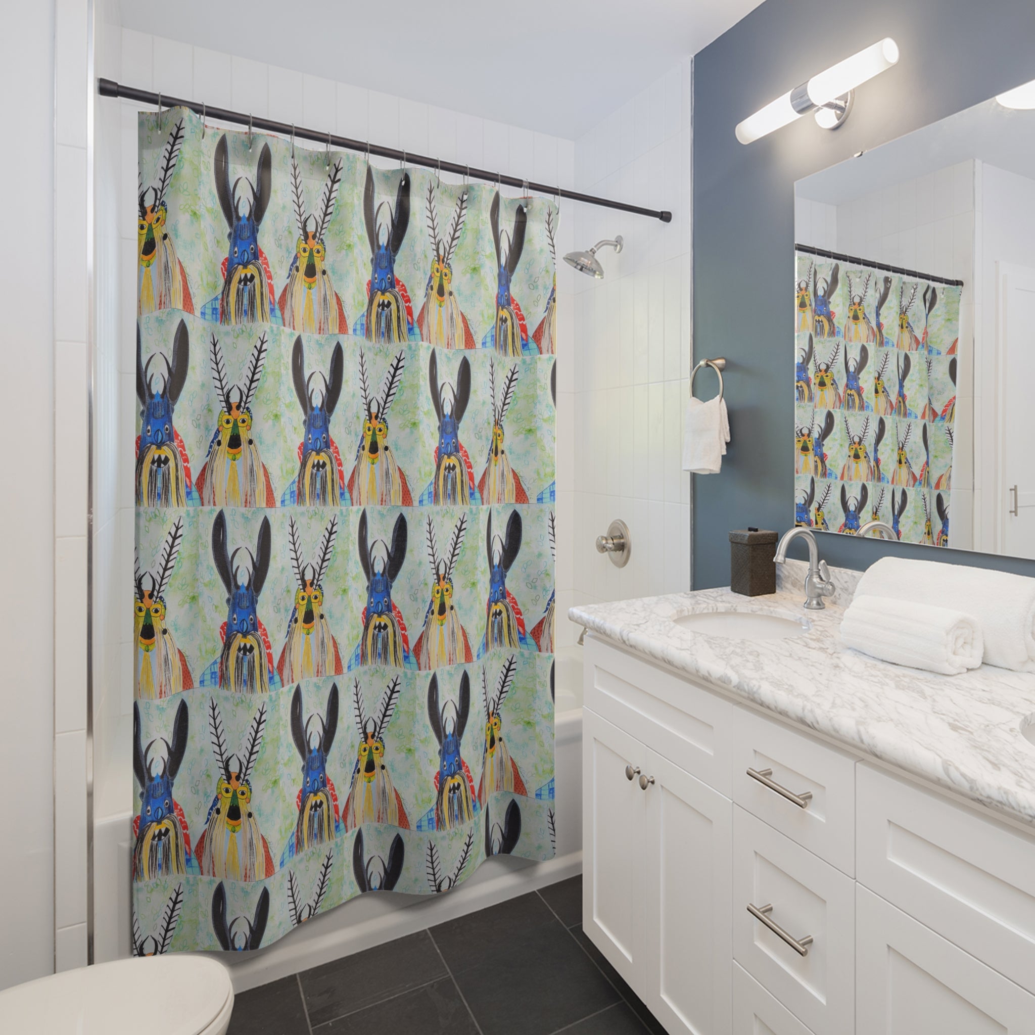 Boho Tribal Mask Pattern Shower Curtain — Colorful Folk Art Bathroom Decor