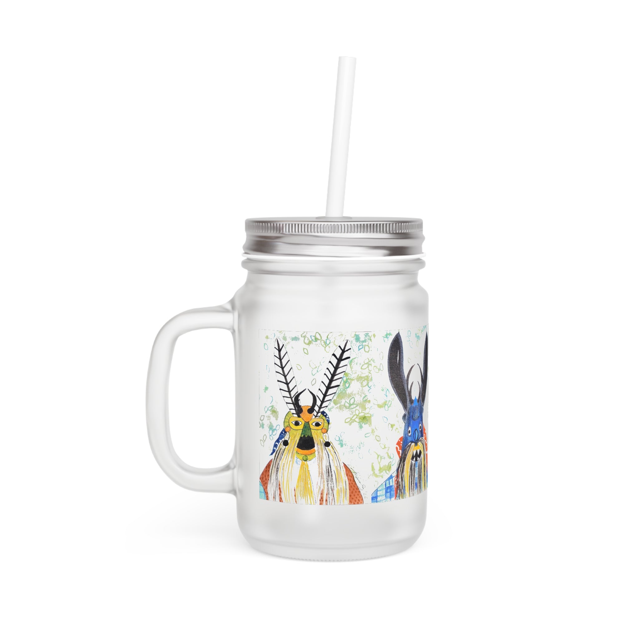 Mason Jar Tumbler with Colorful Watercolor Deer Design – Glass Drinking Jar with Straw