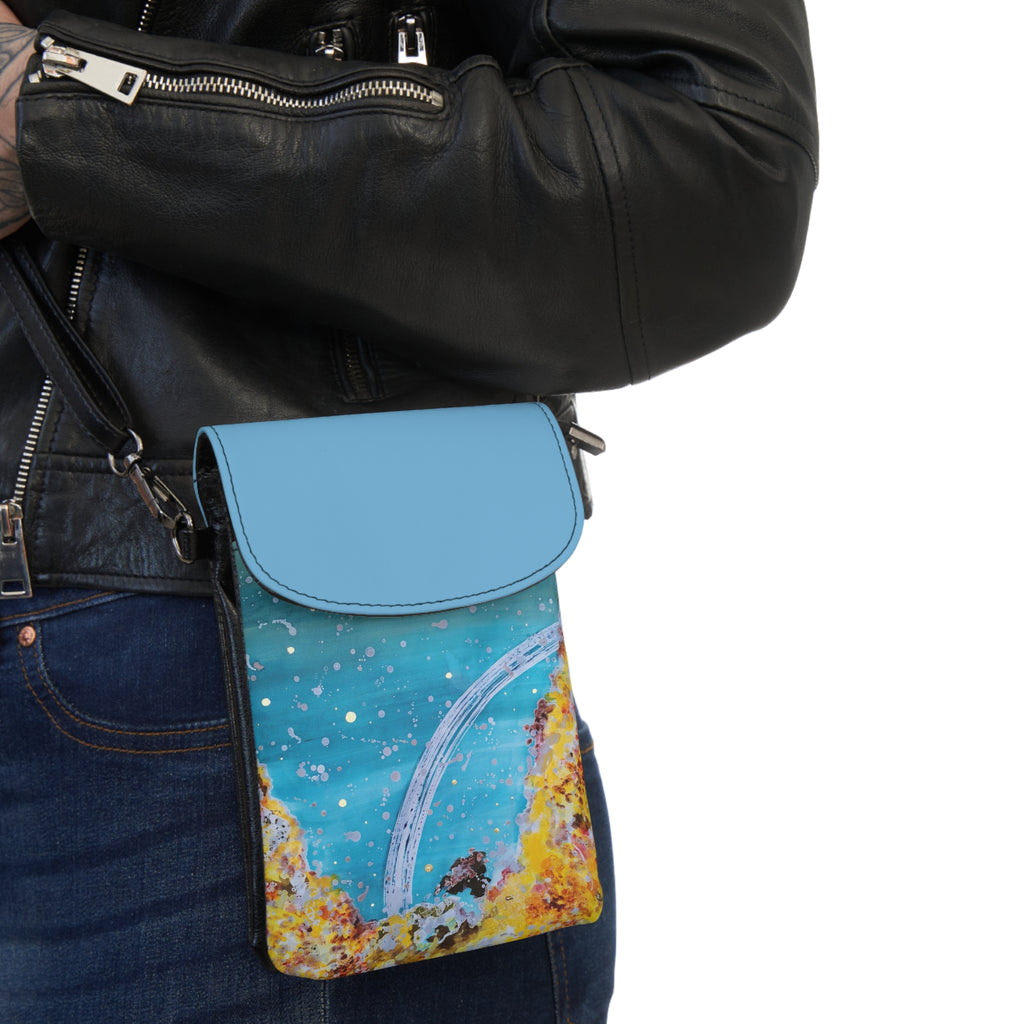 Celestial Wave Small Cell Phone Wallet — Crossbody Phone Pouch with Ocean Rainbow Design