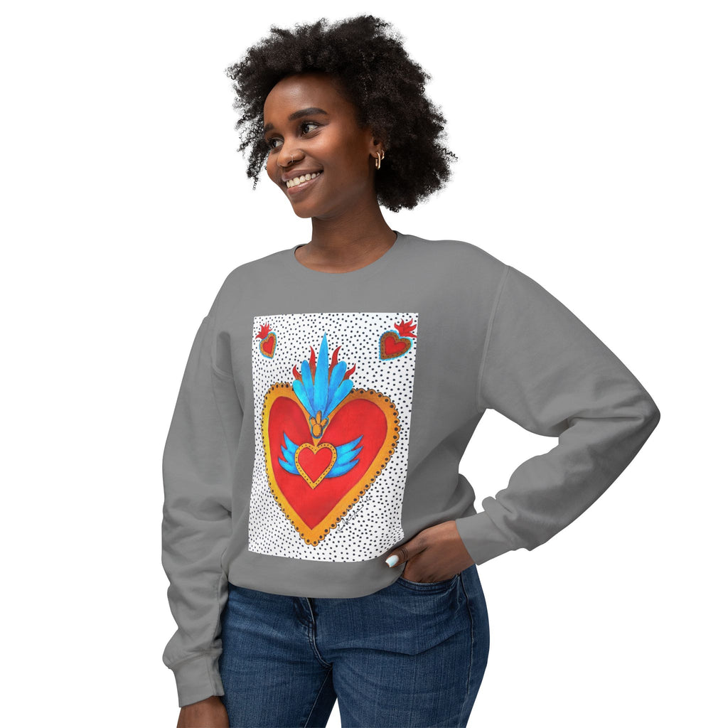 Sweat-shirt ras du cou Cœur Sacré — Motif de cœur coloré d'art populaire mexicain