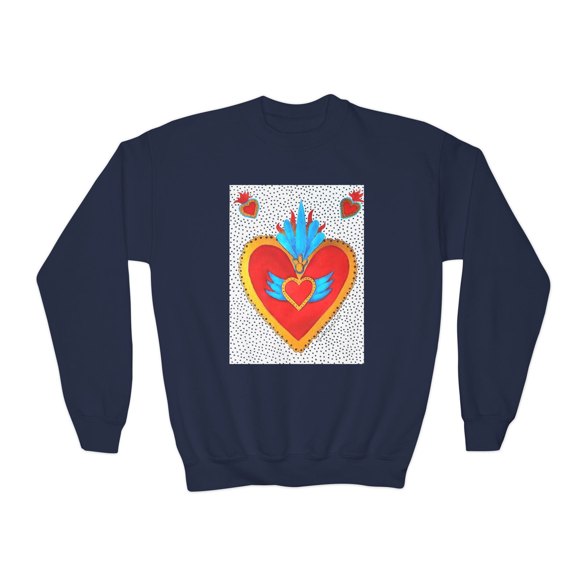 "Tin Heart" Youth Crewneck Sweatshirt — Bright Sacred Heart Graphic Tee for Kids