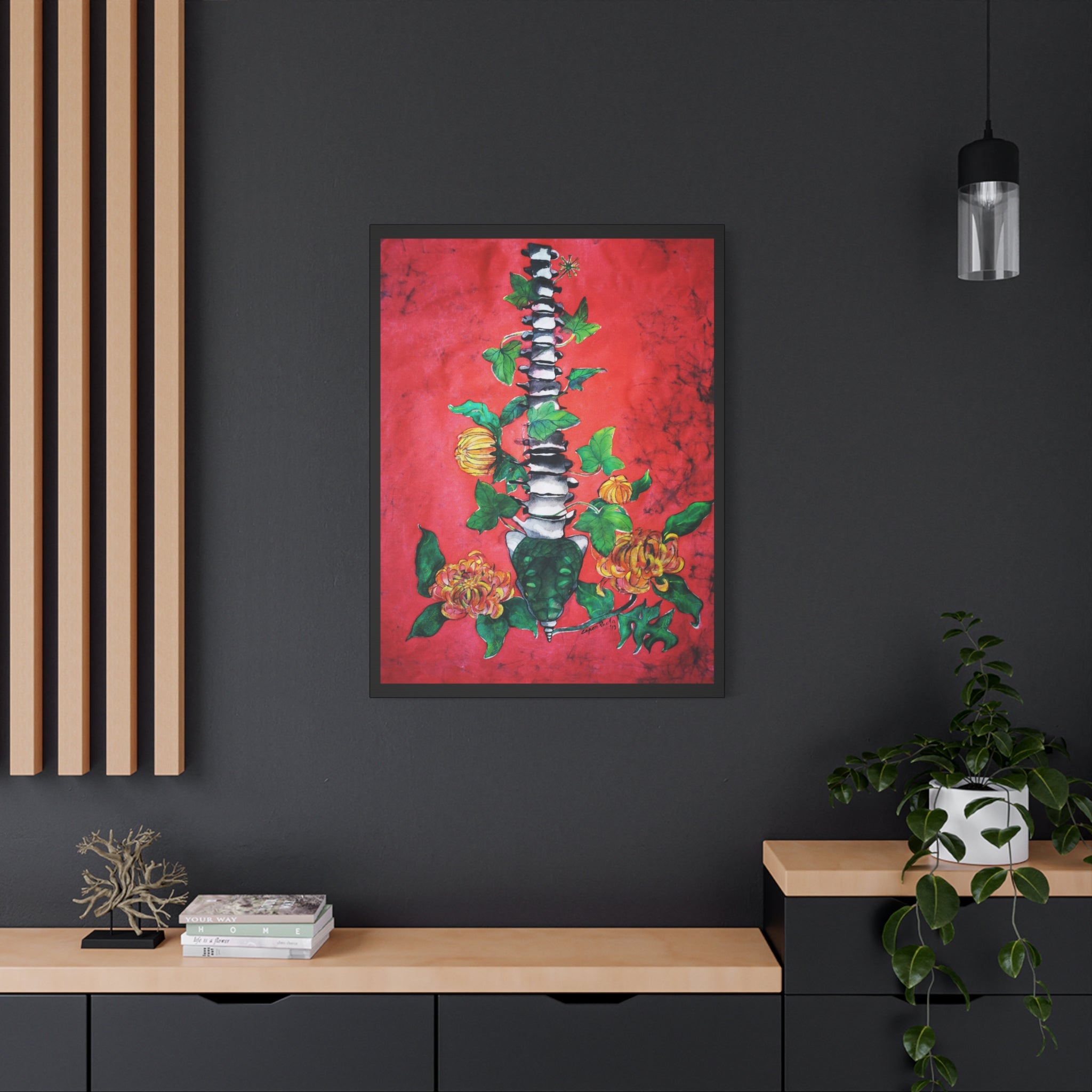 Floral Spine Canvas Print — Vibrant Red Botanical Wall Art