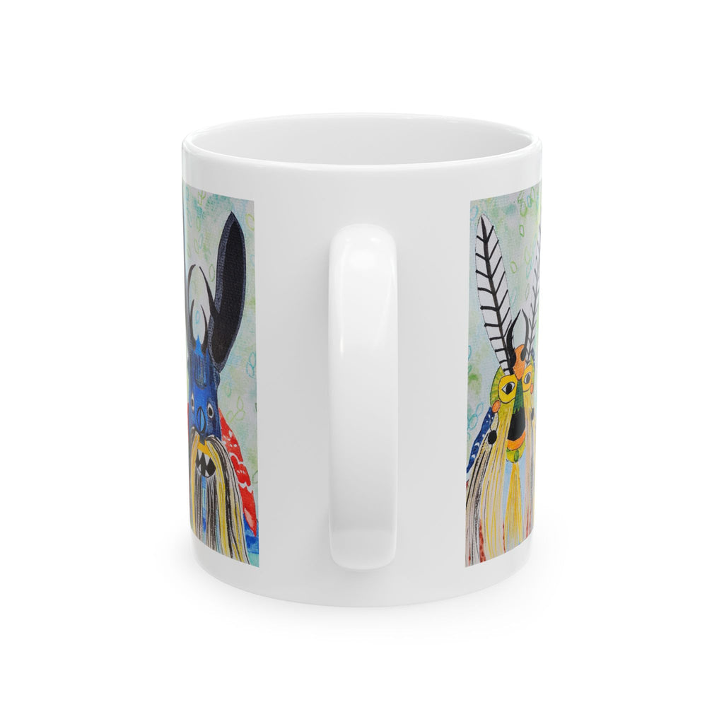 Colorful Folk Mask Ceramic Mug — Whimsical Tribal Art Coffee Cup (11oz/15oz)