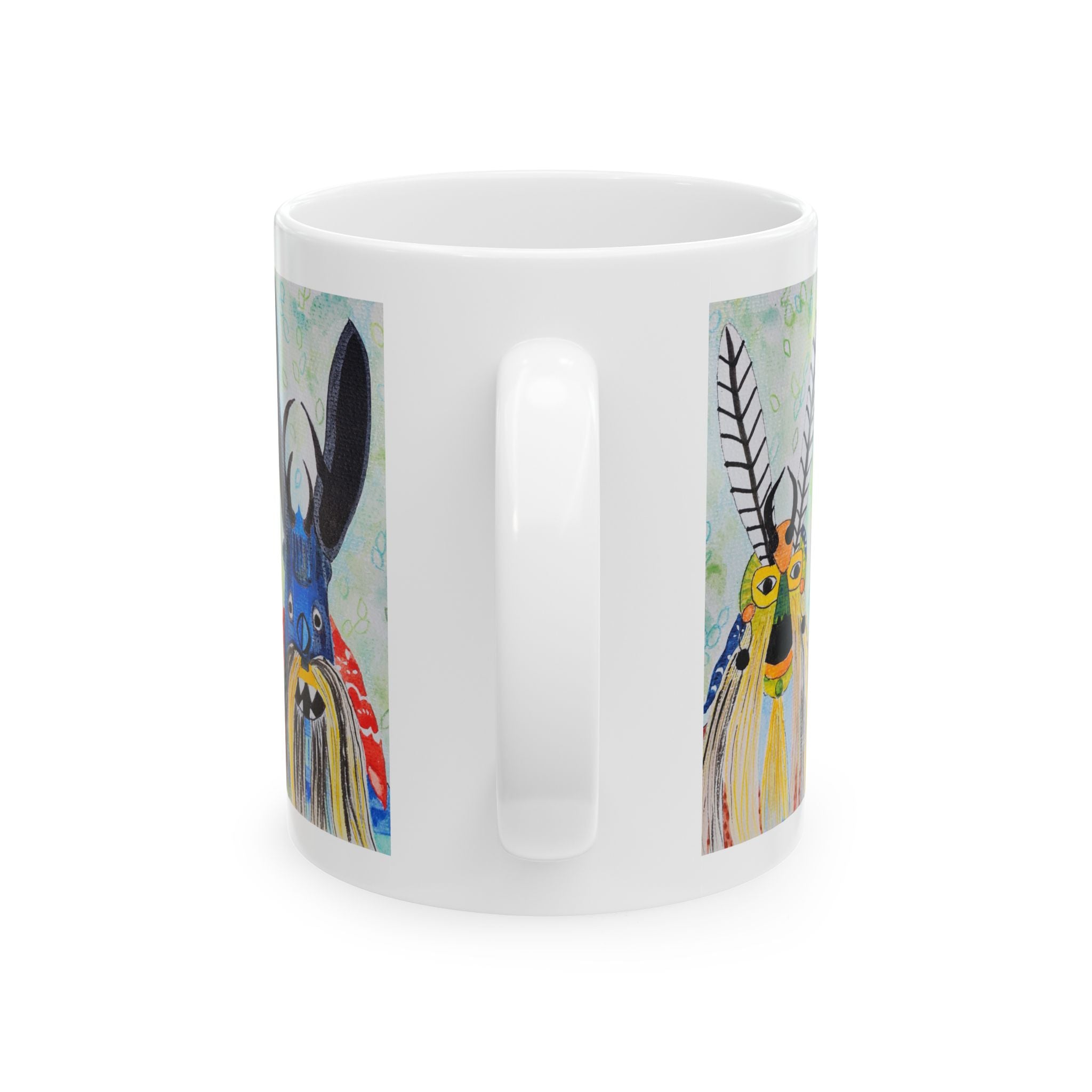 Colorful Folk Mask Ceramic Mug — Whimsical Tribal Art Coffee Cup (11oz/15oz)