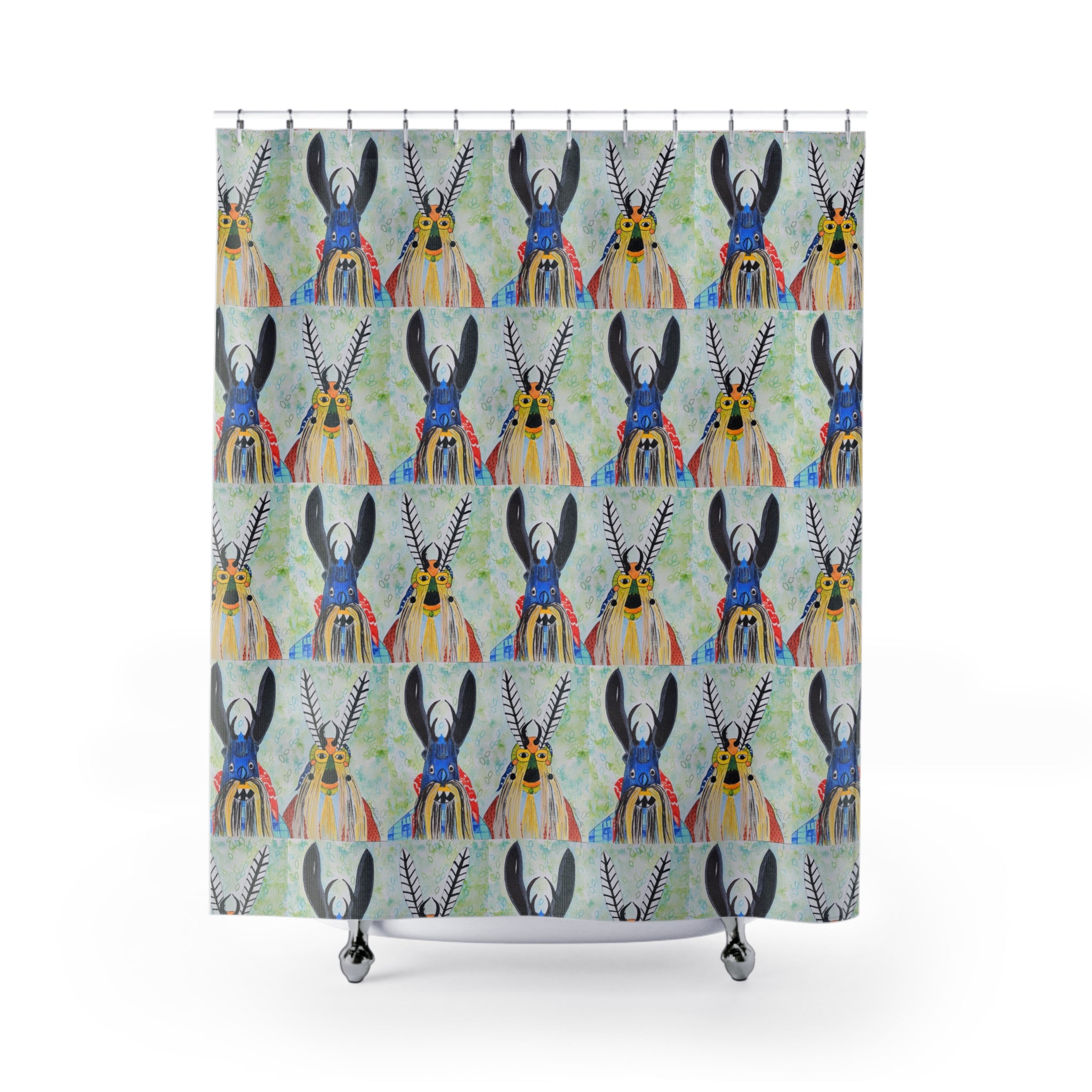 Boho Tribal Mask Pattern Shower Curtain — Colorful Folk Art Bathroom Decor