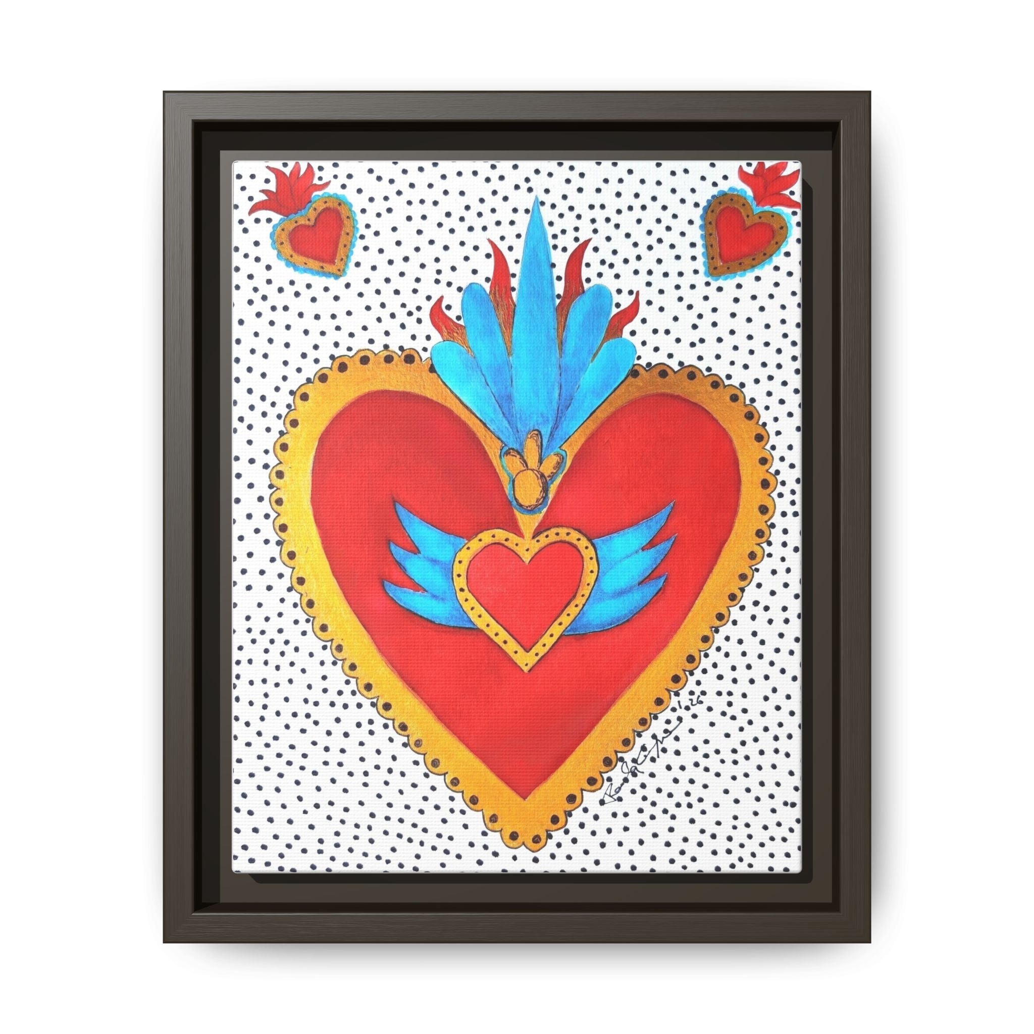 "Tin Heart" Framed Sacred Heart Canvas Art — Colorful Folk Heart Wall Decor