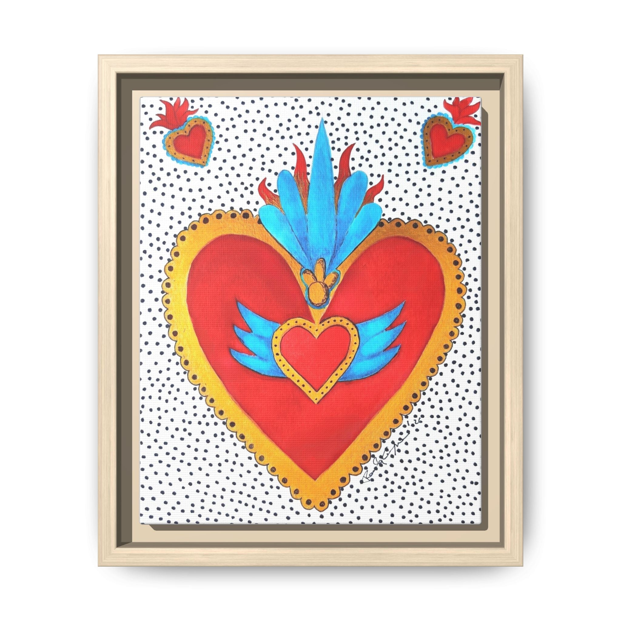 "Tin Heart" Framed Sacred Heart Canvas Art — Colorful Folk Heart Wall Decor