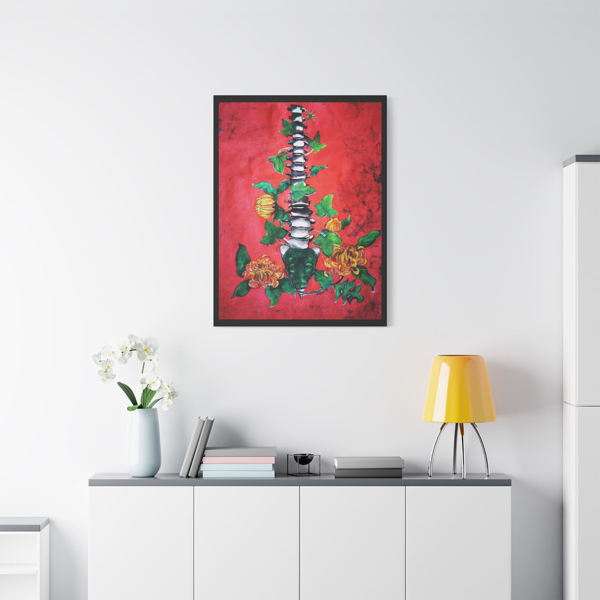 Floral Spine Canvas Print — Vibrant Red Botanical Wall Art