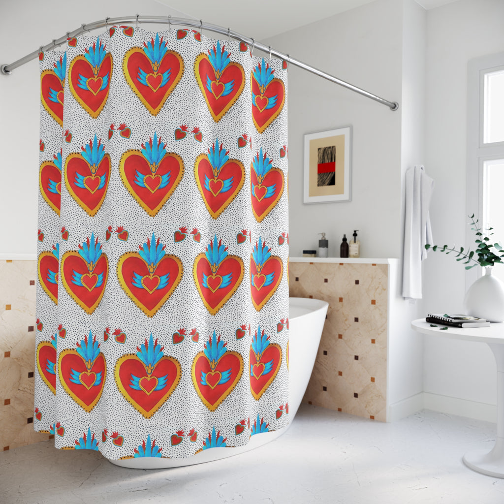 Heart Motif Shower Curtain — Bright Red Sacred Hearts Pattern for Bathroom Decor