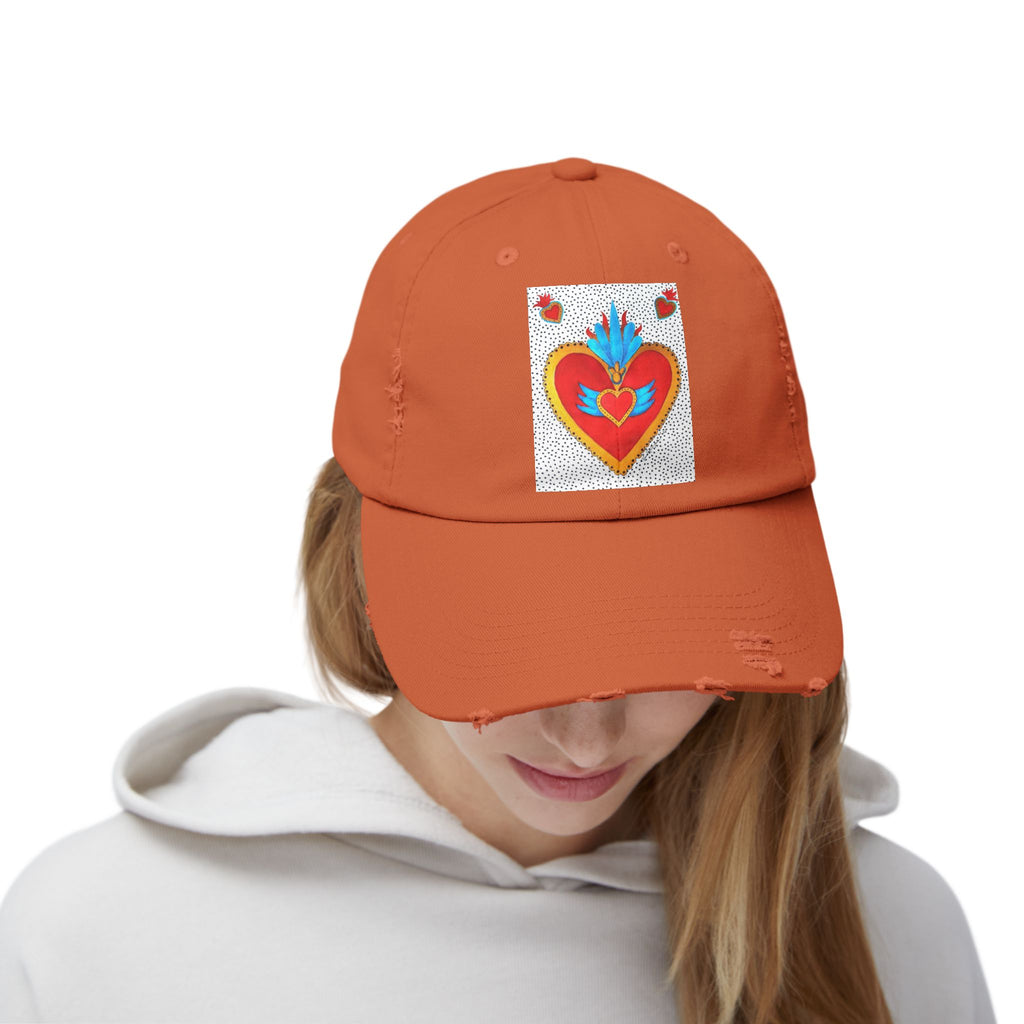 Distressed Cap — Sacred Flaming Heart Patch Baseball Hat