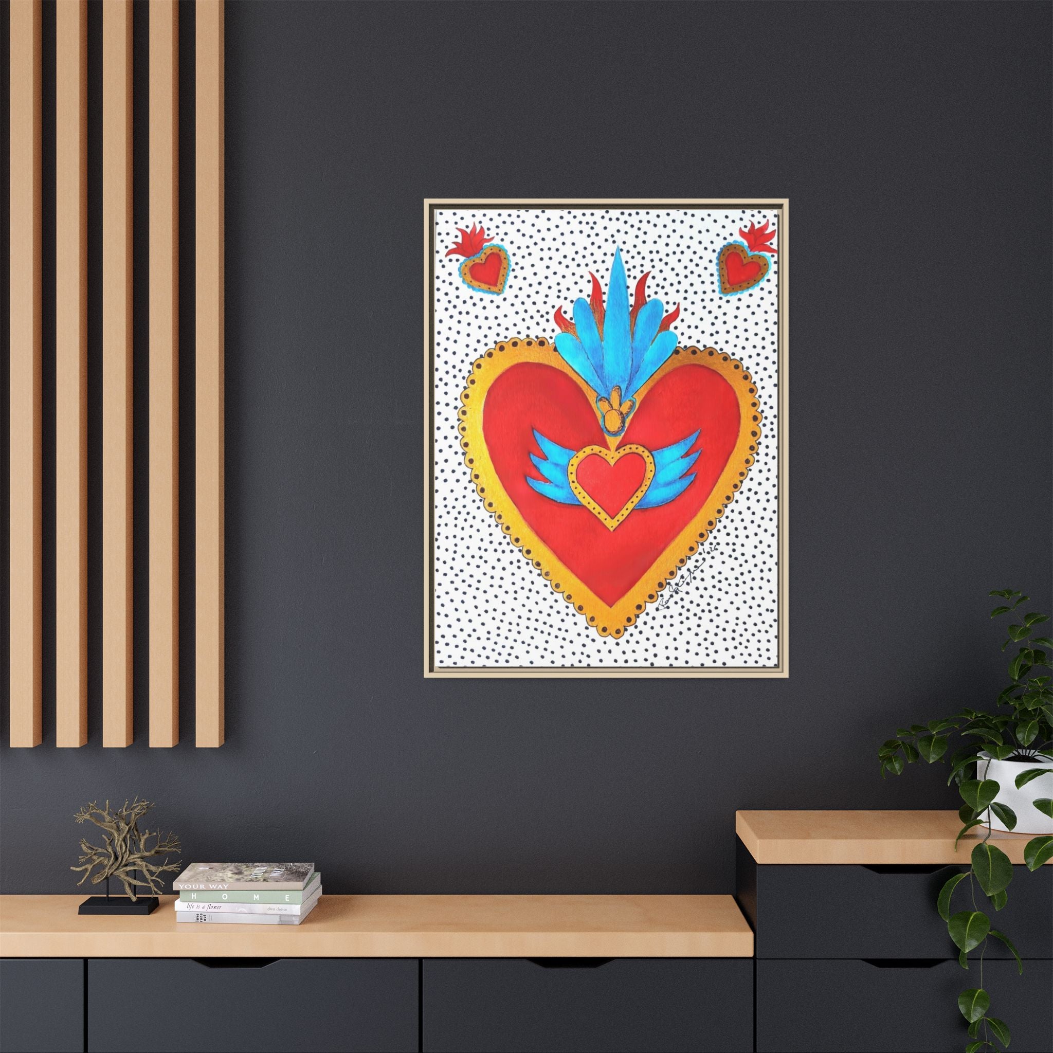 "Tin Heart" Framed Sacred Heart Canvas Art — Colorful Folk Heart Wall Decor