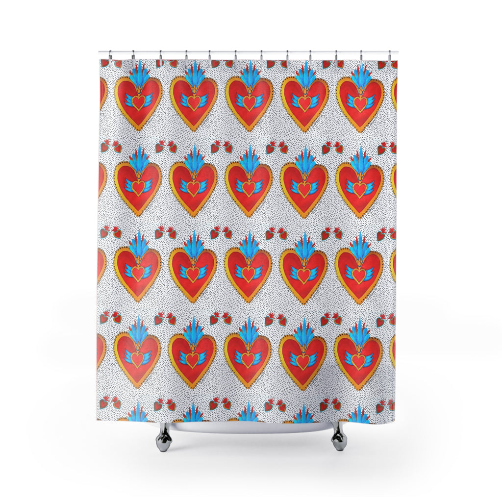 Heart Motif Shower Curtain — Bright Red Sacred Hearts Pattern for Bathroom Decor