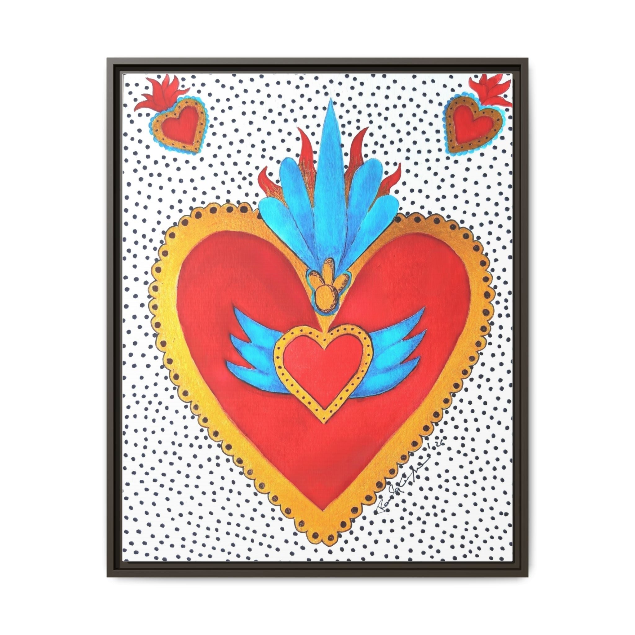 "Tin Heart" Framed Sacred Heart Canvas Art — Colorful Folk Heart Wall Decor