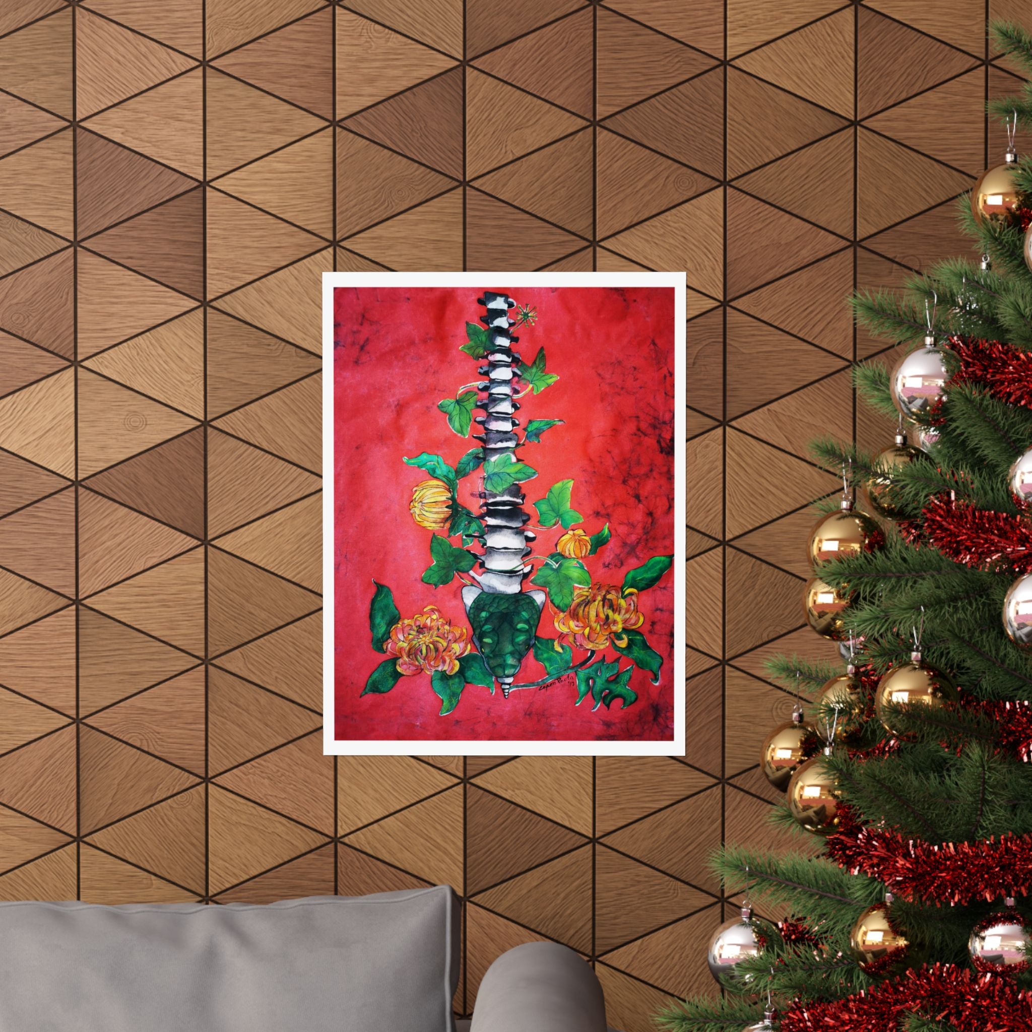 Spine & Chrysanthemum Art Poster — Botanical Anatomy Vertical Print