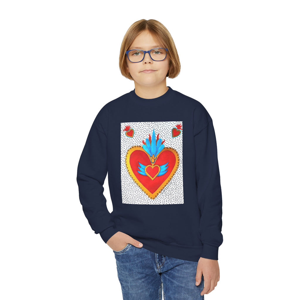 "Tin Heart" Youth Crewneck Sweatshirt — Bright Sacred Heart Graphic Tee for Kids