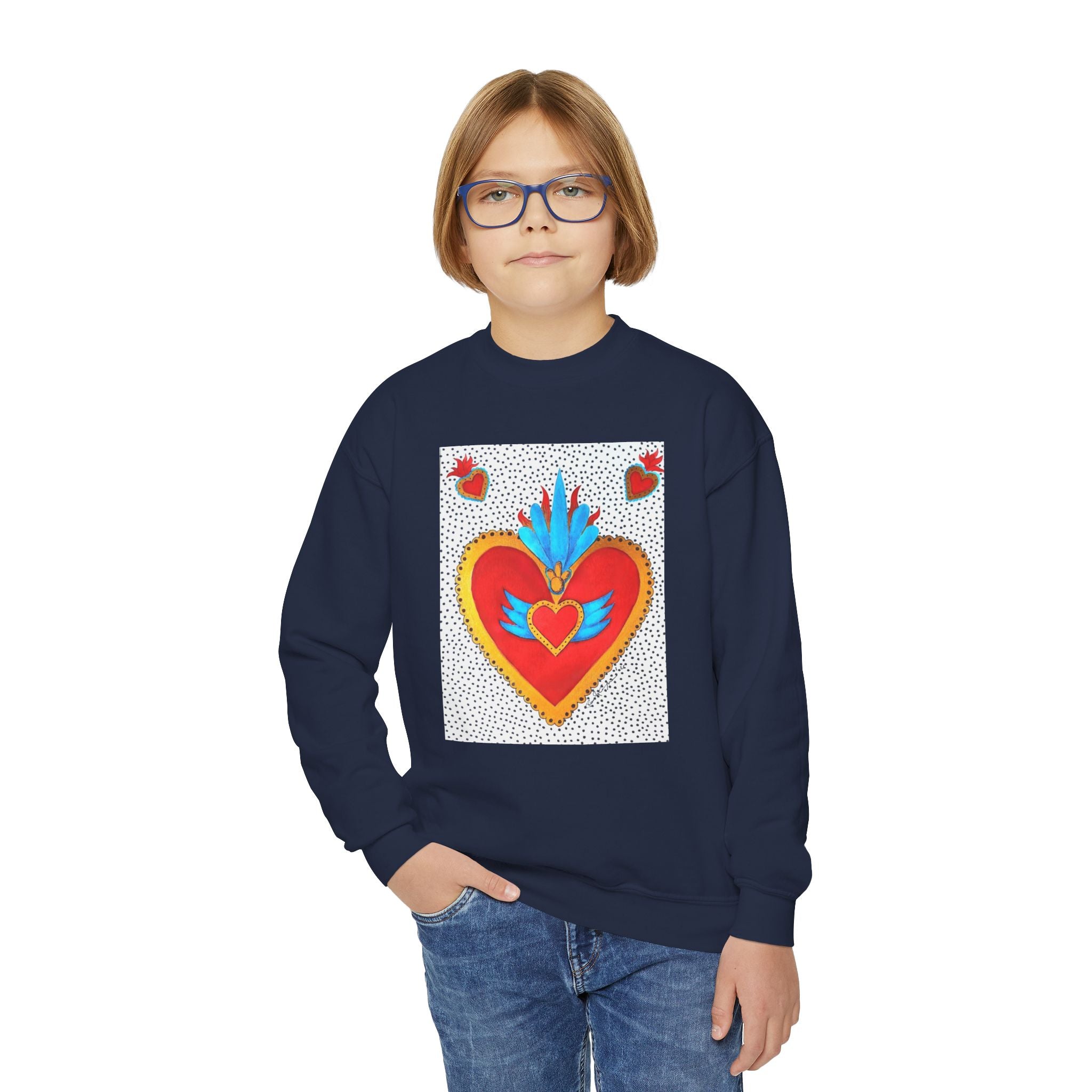 "Tin Heart" Youth Crewneck Sweatshirt — Bright Sacred Heart Graphic Tee for Kids