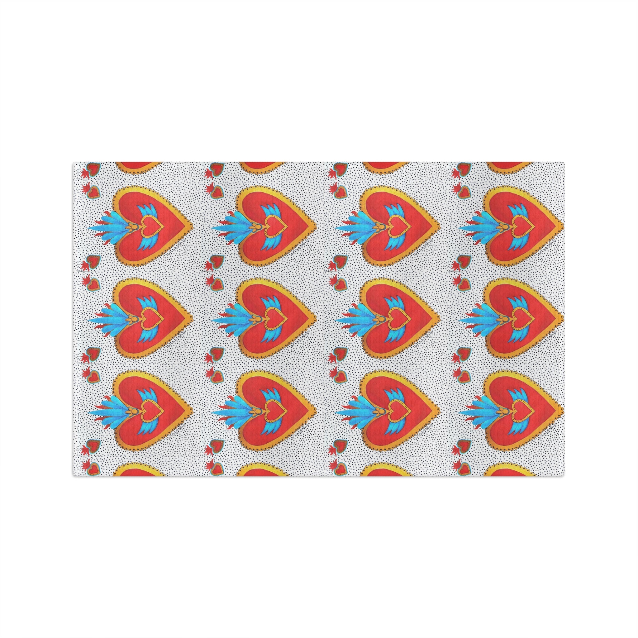 Mexican Sacred Heart Pattern Microfiber Tea Towel - Colorful Folk Art Hearts