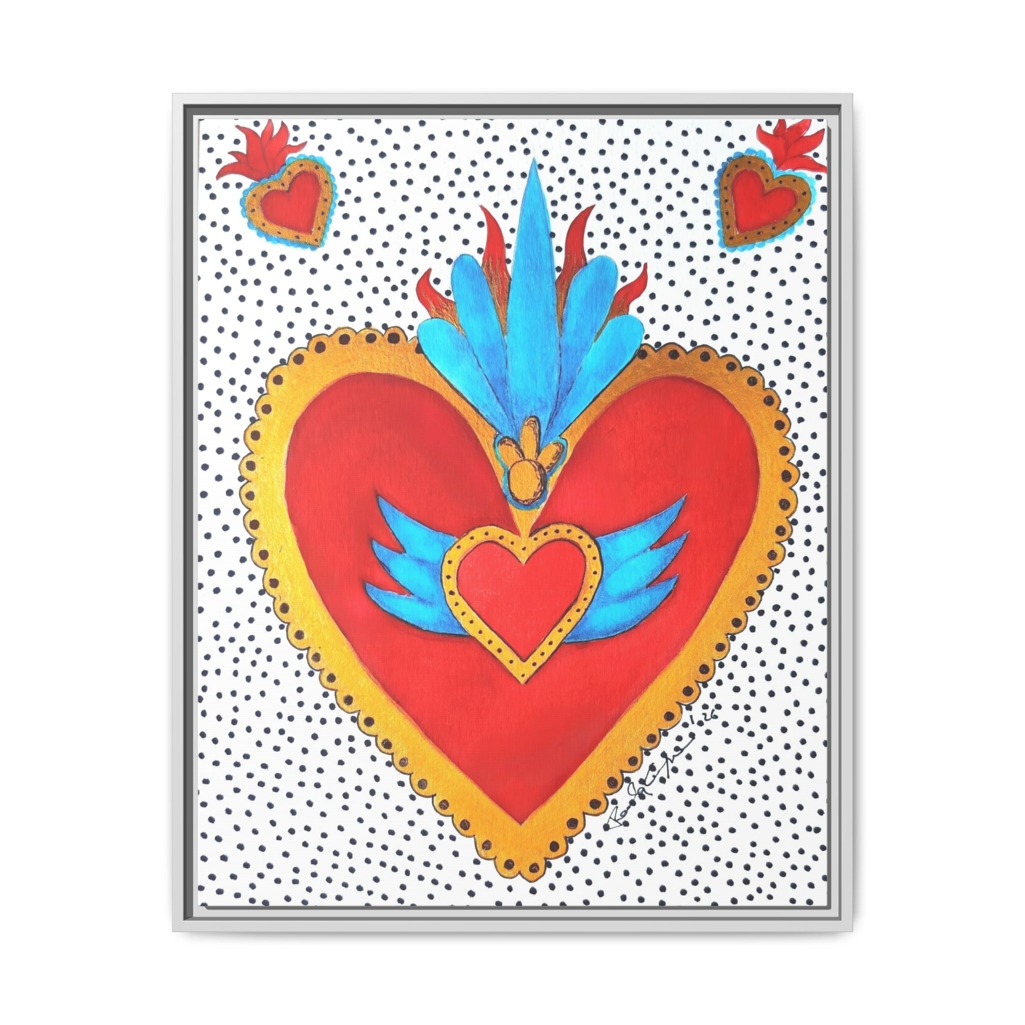 "Tin Heart" Framed Sacred Heart Canvas Art — Colorful Folk Heart Wall Decor