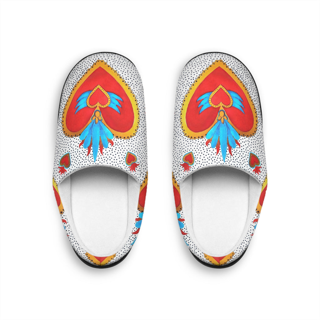 Heart Paisley Indoor Slippers — Women's Cozy Red & Teal Lounge Shoes