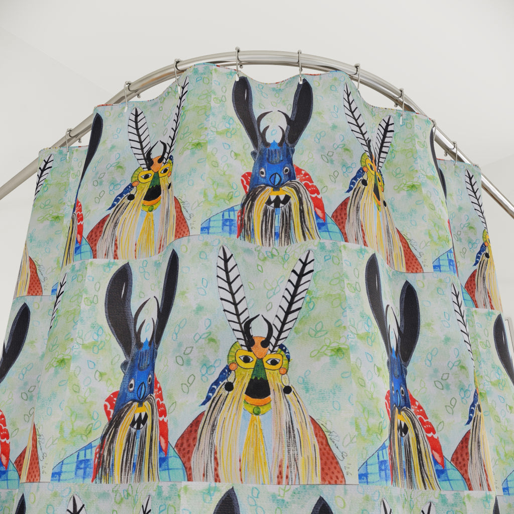 Boho Tribal Mask Pattern Shower Curtain — Colorful Folk Art Bathroom Decor