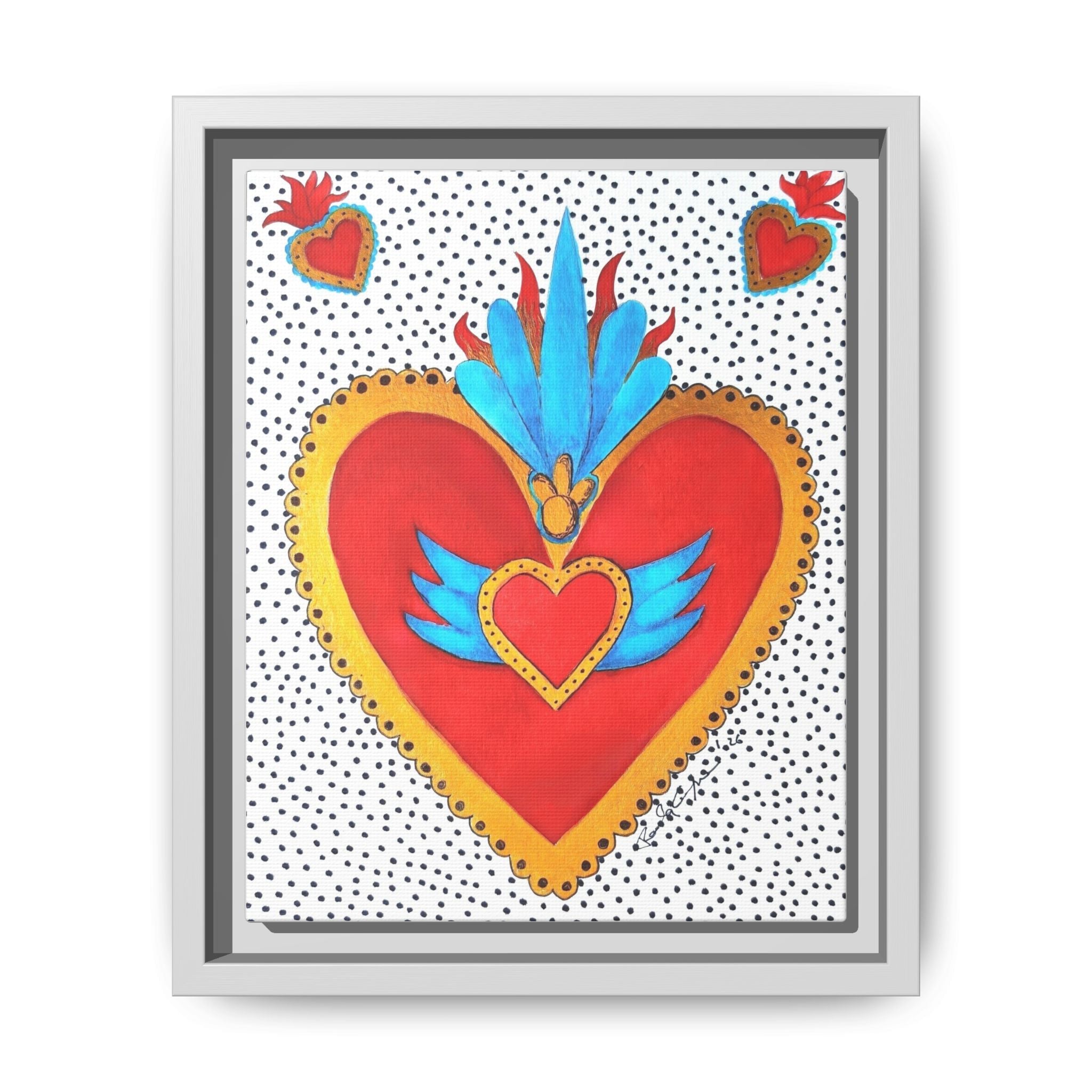 "Tin Heart" Framed Sacred Heart Canvas Art — Colorful Folk Heart Wall Decor