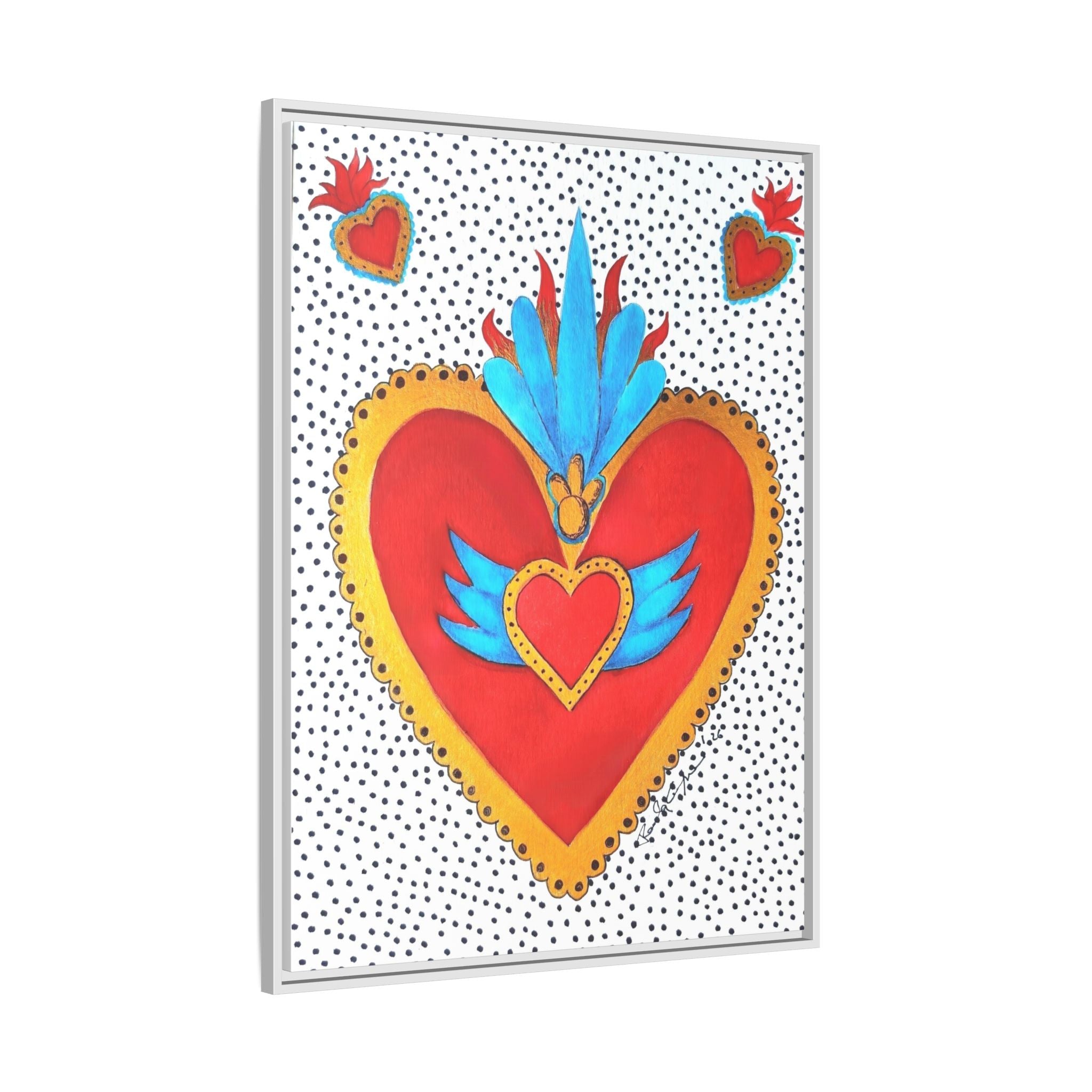 "Tin Heart" Framed Sacred Heart Canvas Art — Colorful Folk Heart Wall Decor