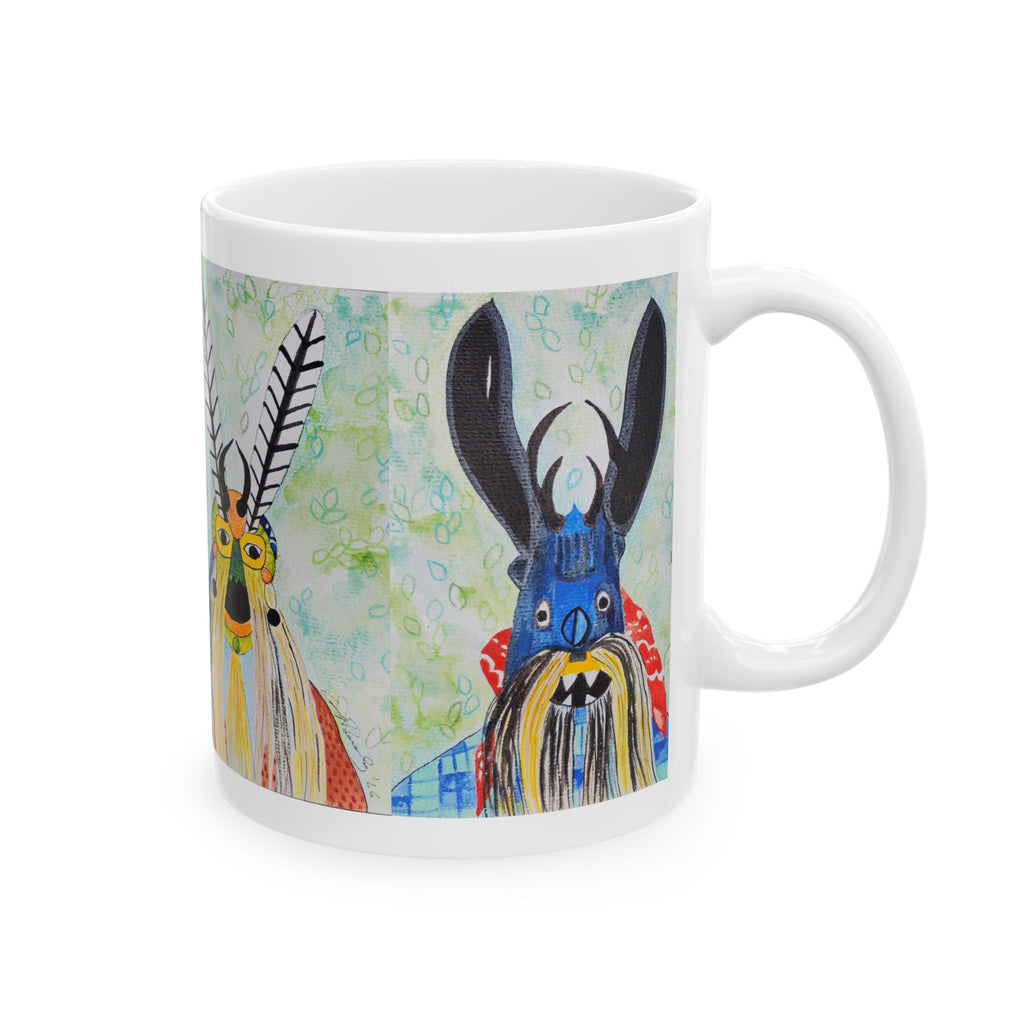 Colorful Folk Mask Ceramic Mug — Whimsical Tribal Art Coffee Cup (11oz/15oz)