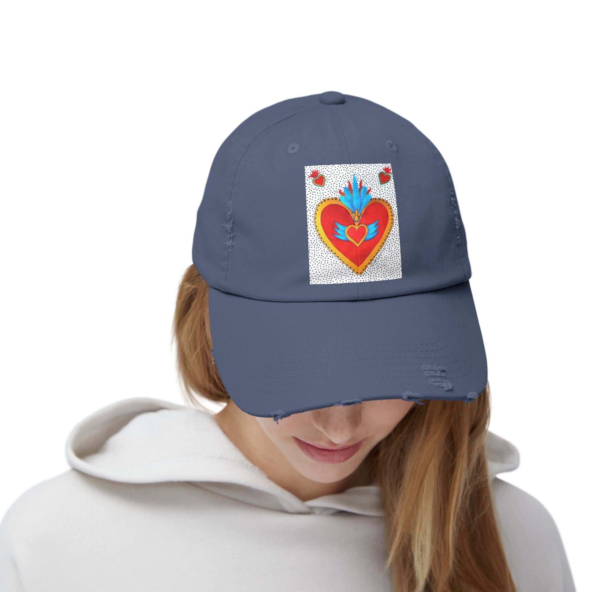 Distressed Cap — Sacred Flaming Heart Patch Baseball Hat