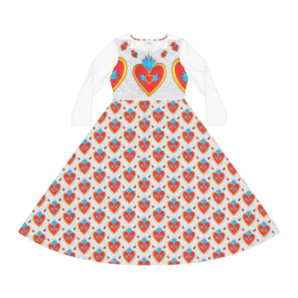 Heart Motif Long Sleeve Dance Dress — Vibrant Sacred Heart Pattern