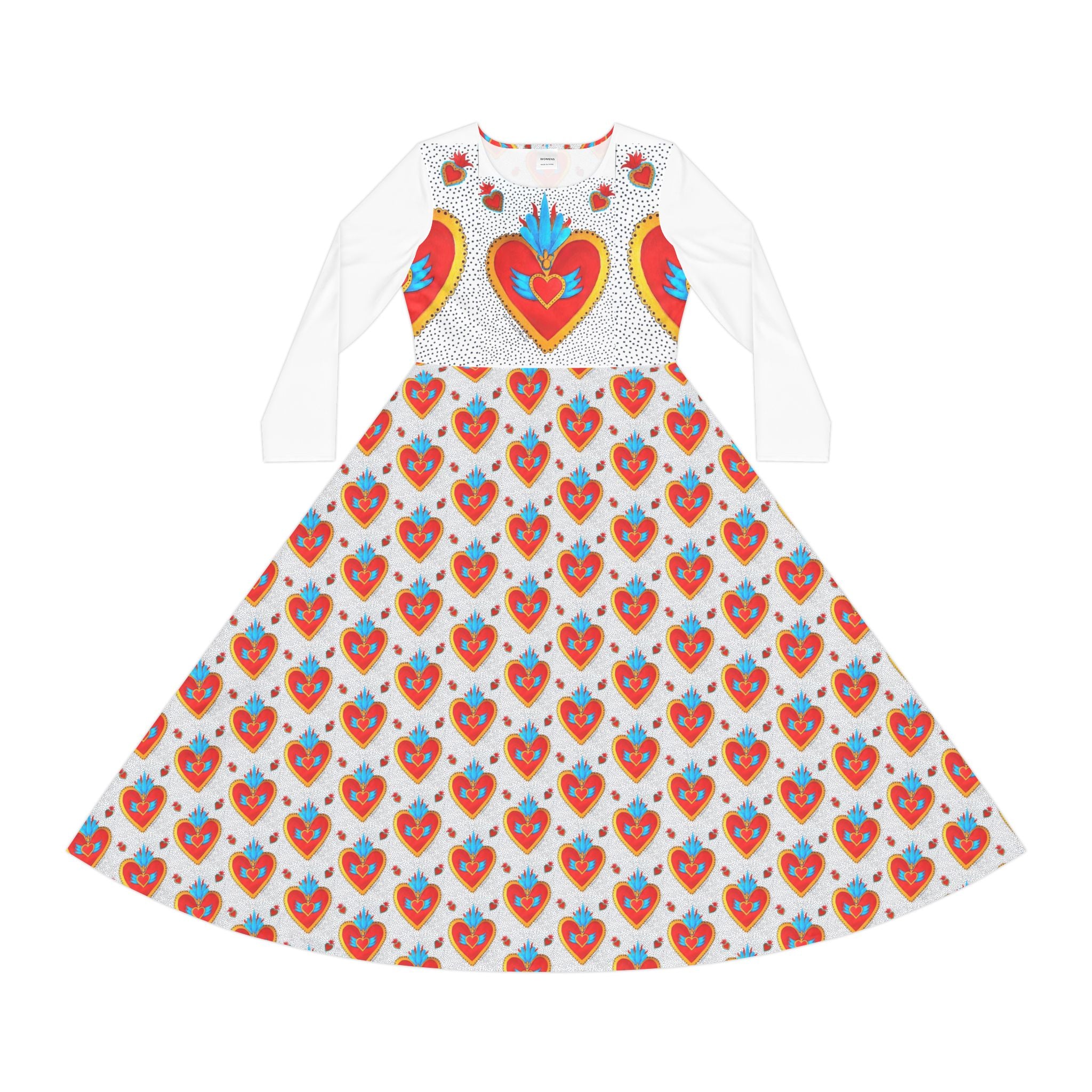 Heart Motif Long Sleeve Dance Dress — Vibrant Sacred Heart Pattern