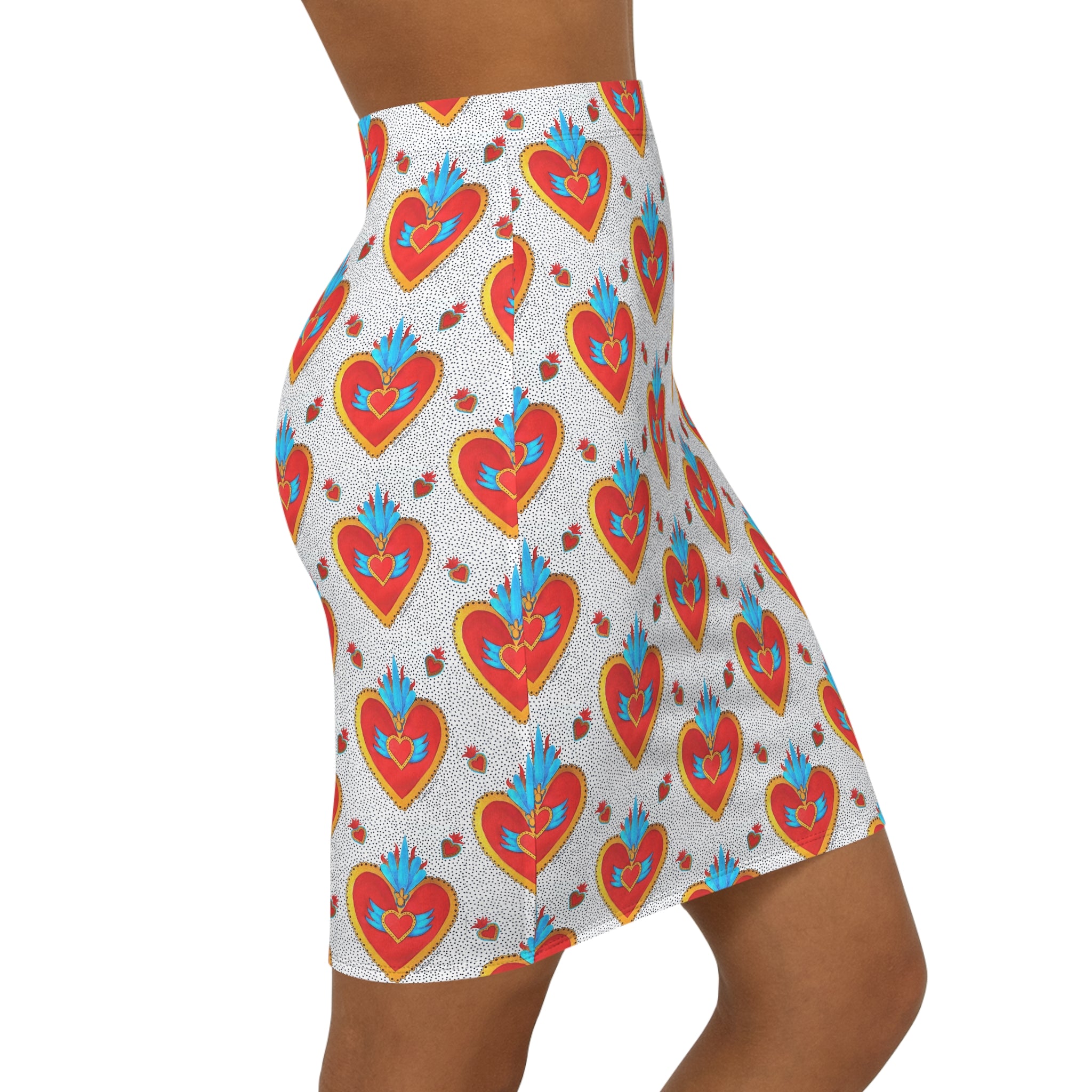 "Corazon de hojalata" Heart Pattern Pencil Skirt — Retro Folk Art Love Print