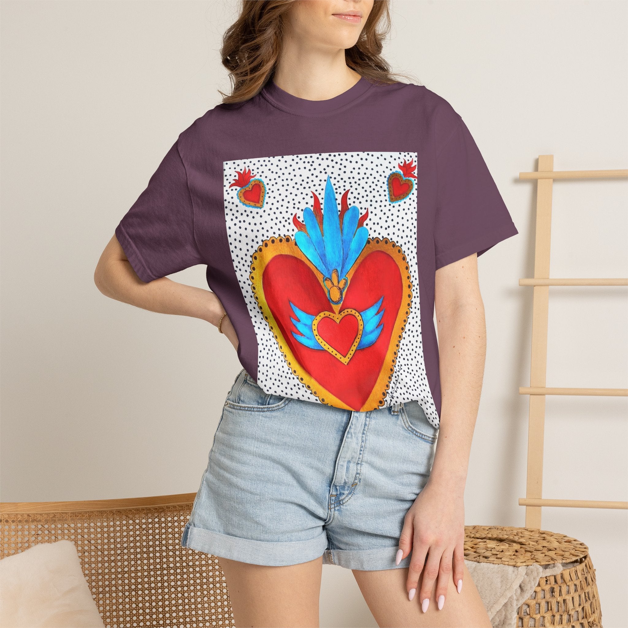 T-shirt Cœur Sacré ailé — Motif d'art populaire mexicain coloré