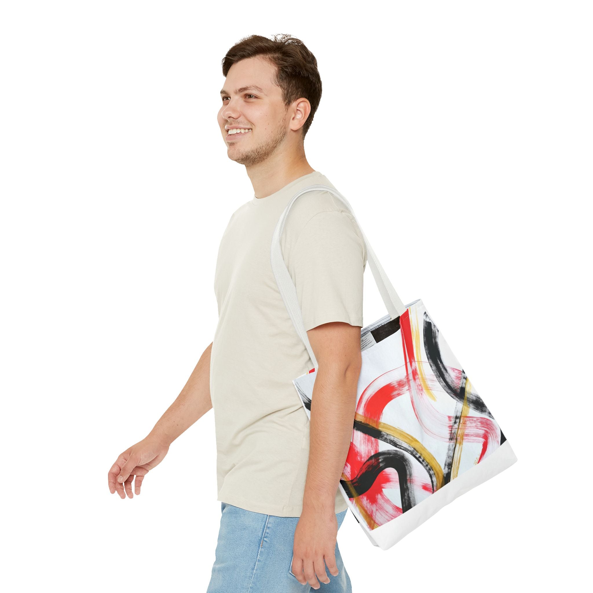 Abstract Brushstroke Tote Bag — Red, Black & Gold Artistic All-Over Print