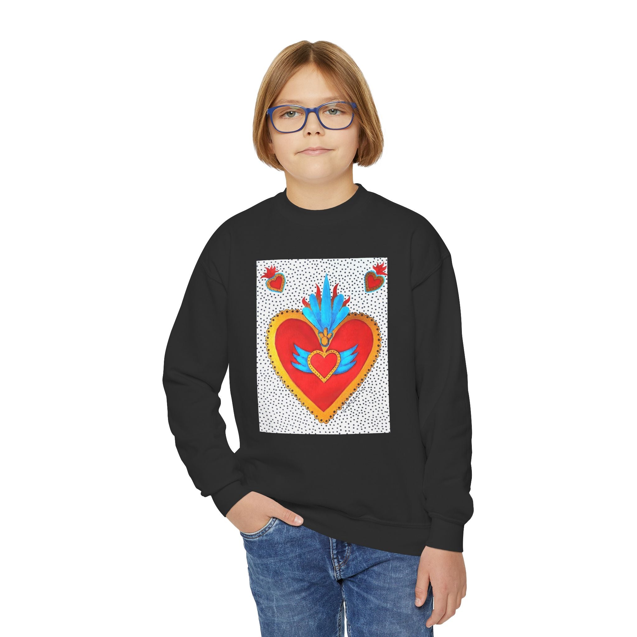 "Corazon de hojalata" Youth Crewneck Sweatshirt — Bright Sacred Heart Graphic Tee for Kids