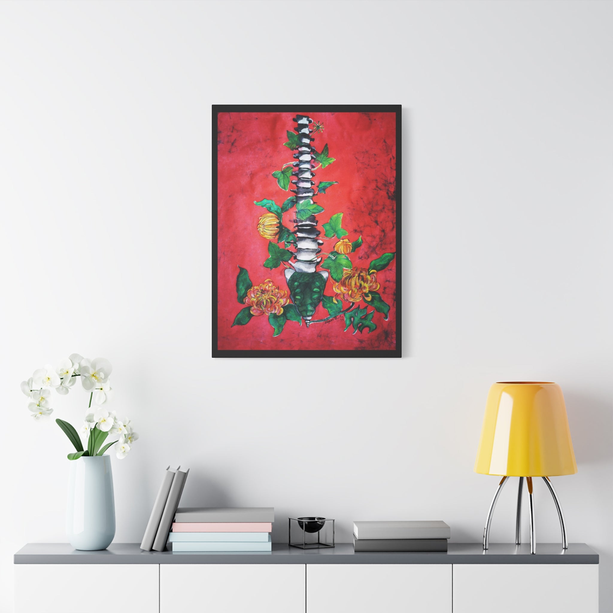 Floral Spine Canvas Print — Vibrant Red Botanical Wall Art