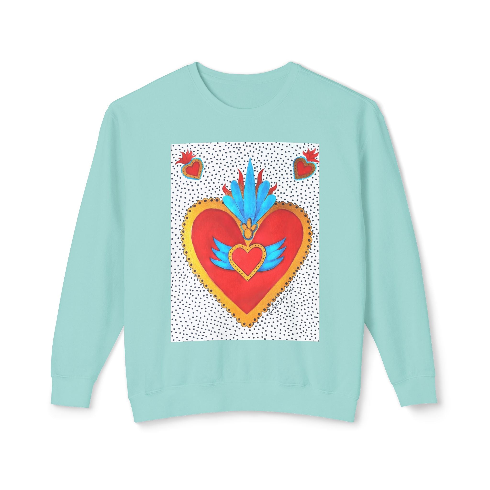 Sweat-shirt ras du cou Cœur Sacré — Motif de cœur coloré d'art populaire mexicain