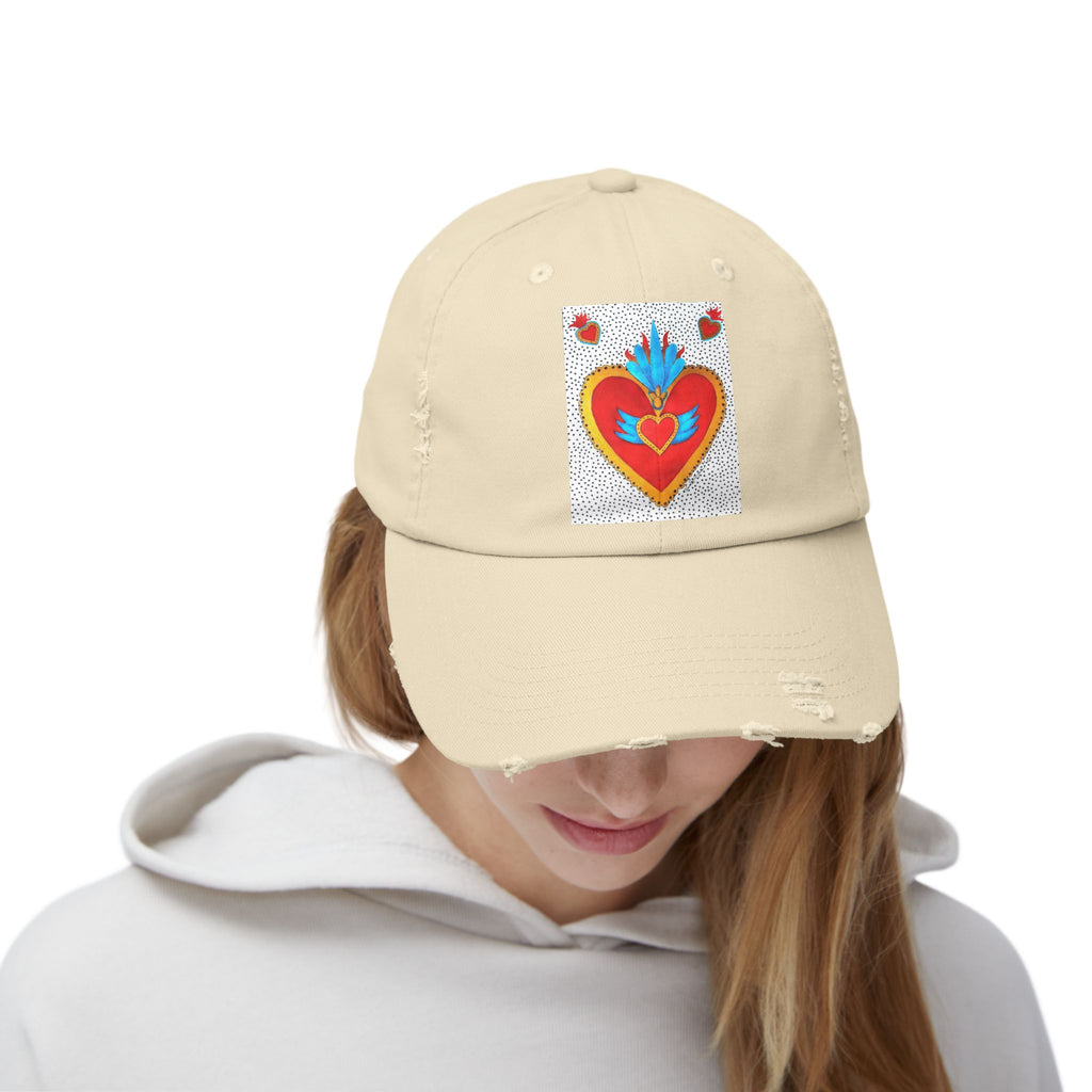 Distressed Cap — Sacred Flaming Heart Patch Baseball Hat