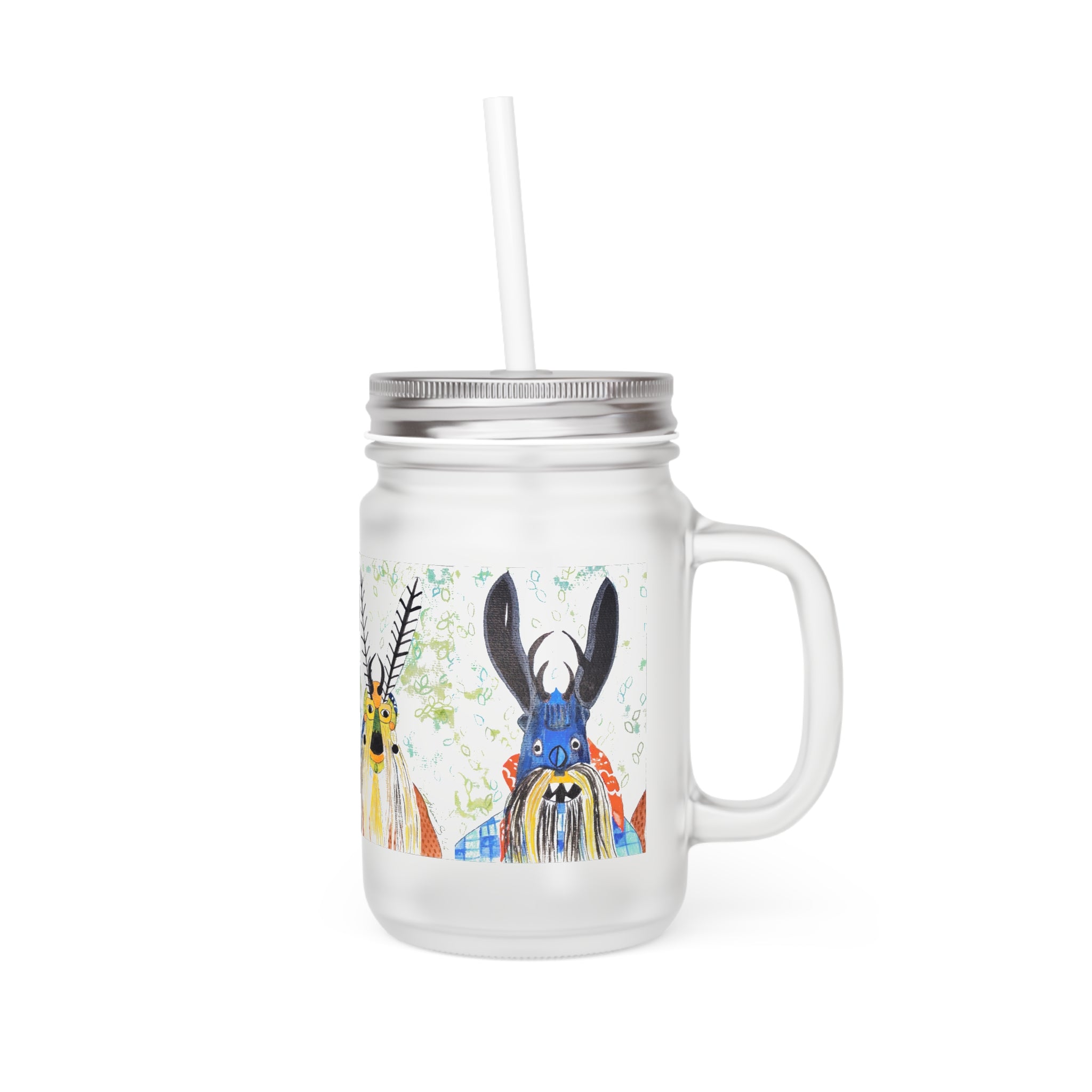 Mason Jar Tumbler with Colorful Watercolor Deer Design – Glass Drinking Jar with Straw