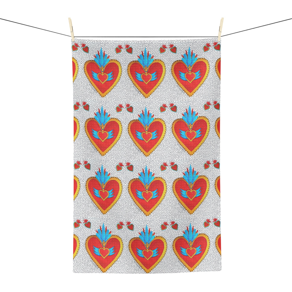 Mexican Sacred Heart Pattern Microfiber Tea Towel - Colorful Folk Art Hearts