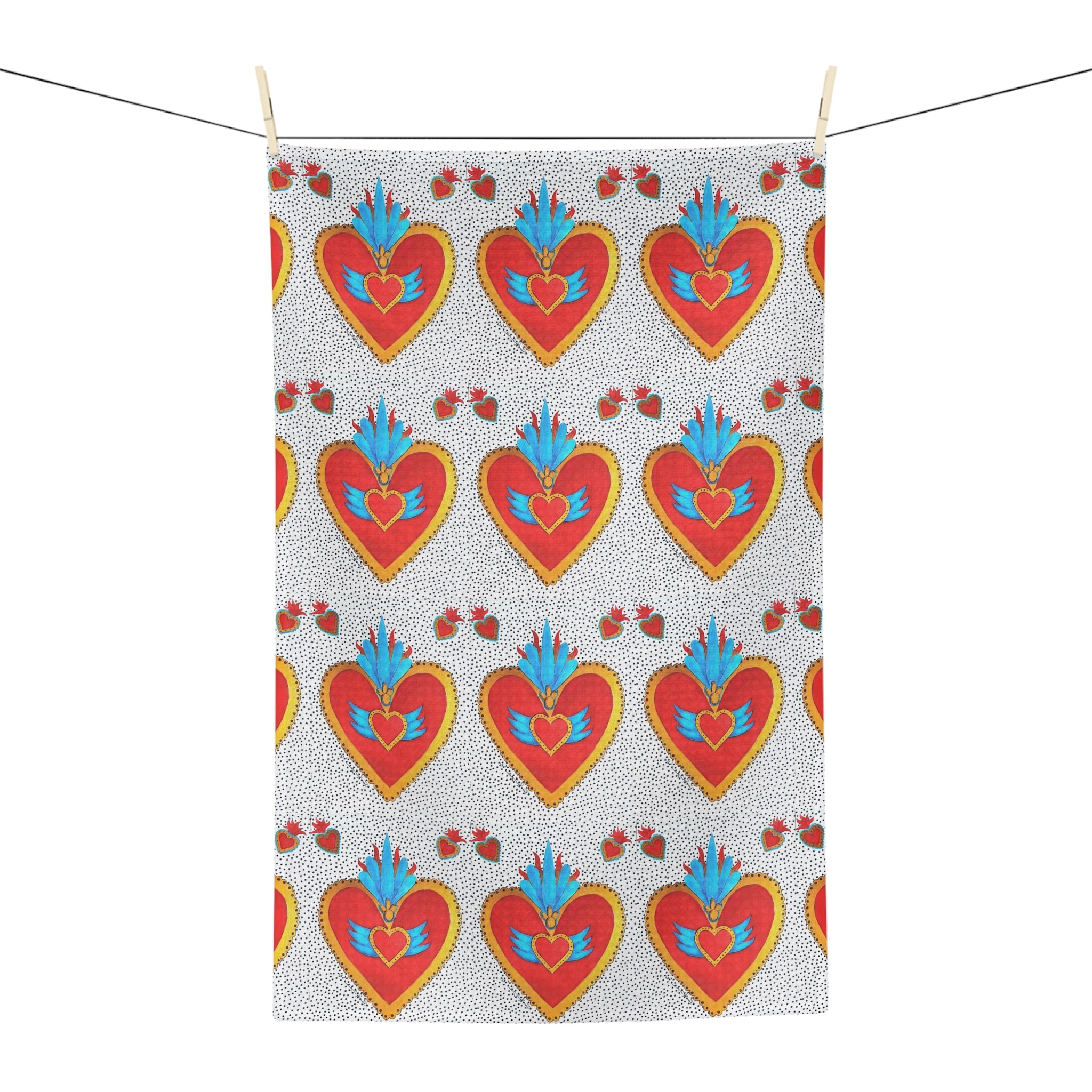Mexican Sacred Heart Pattern Microfiber Tea Towel - Colorful Folk Art Hearts