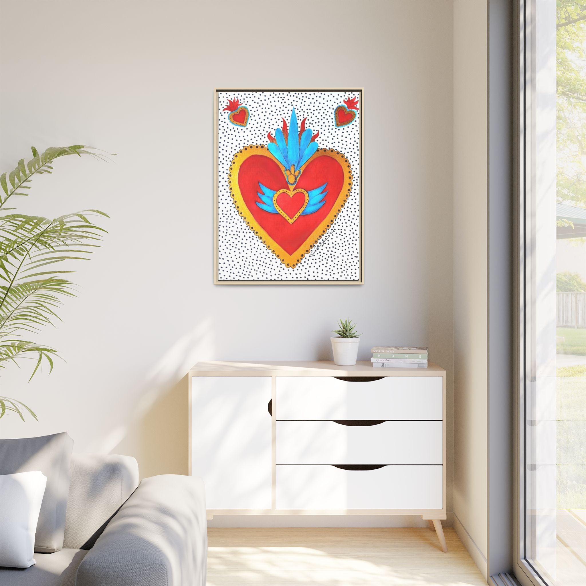 "Tin Heart" Framed Sacred Heart Canvas Art — Colorful Folk Heart Wall Decor